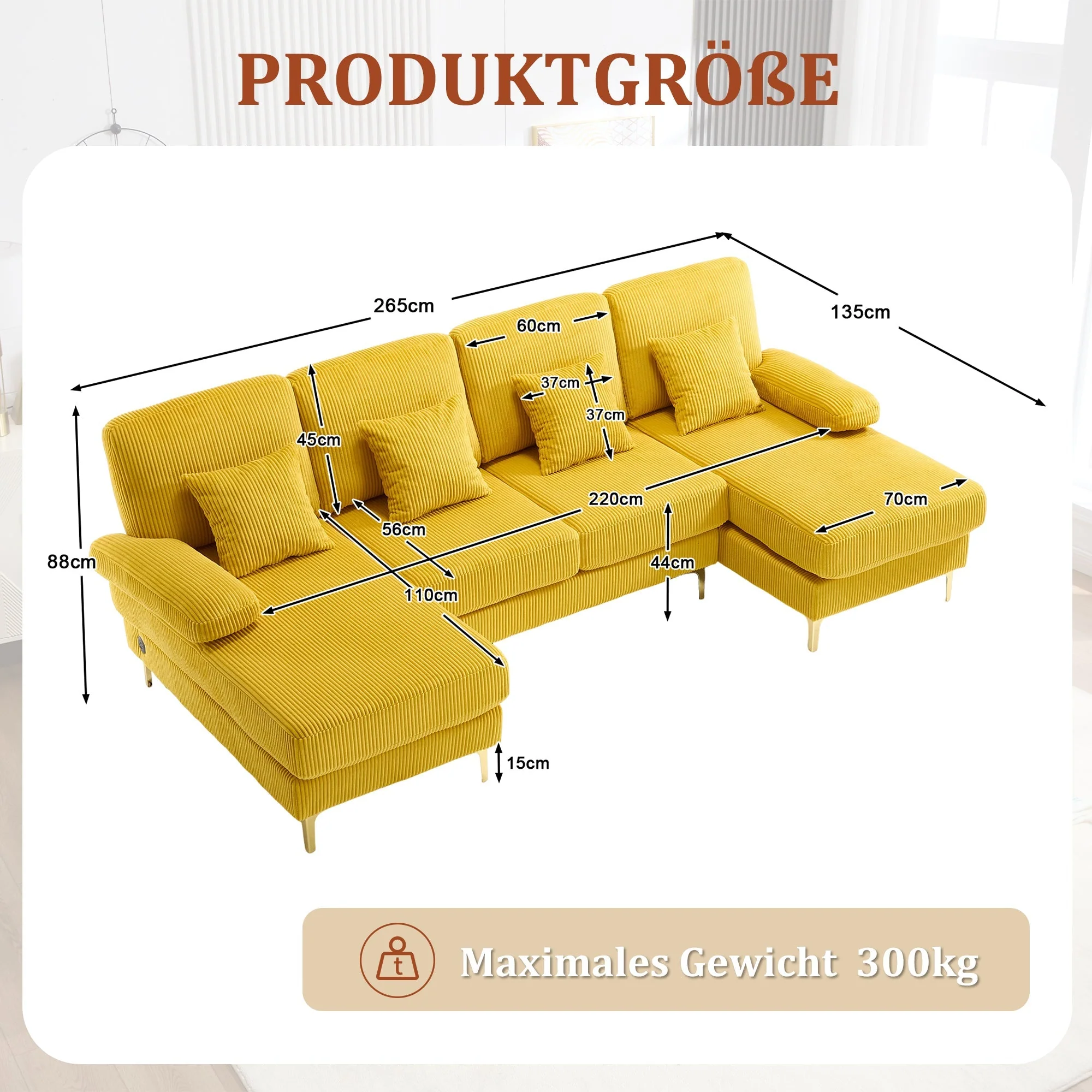 U-Shaped Sofa, LED Ambient Lighting & USB-C Port, Yellow - Image 2