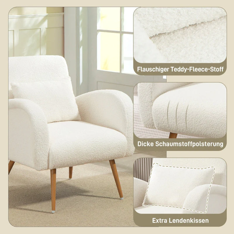 Upholstered Armchair, Padded with Lumbar Cushion and Metal Legs, Fleece, Cream White - Image 4
