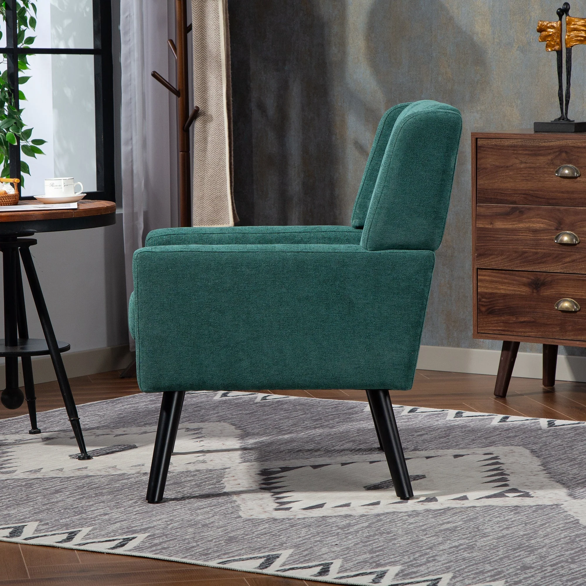 Upholstered Armchair with Buttoned Padding and Solid Wood Legs, Suede Black - Image 14