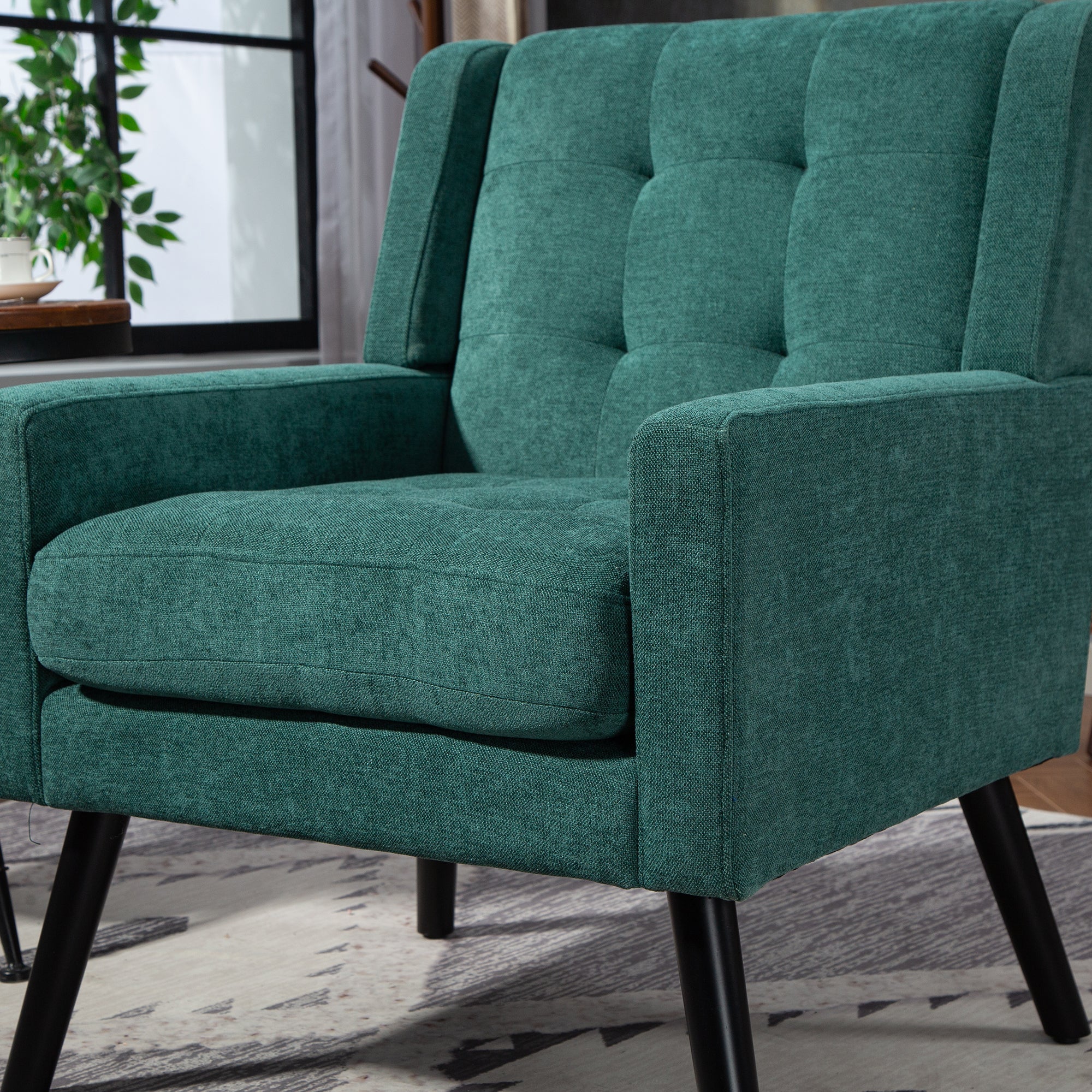 Upholstered Armchair with Buttoned Padding and Solid Wood Legs, Suede Black - Image 16