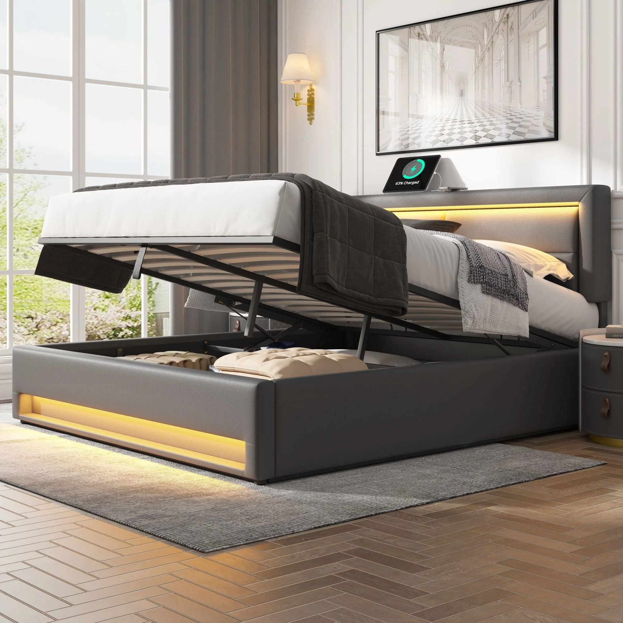 Upholstered Bed 135x190cm Double 4ft6 with USB Charging, LED Lighting & Storage, PU-Lychee, Grey - Image 2