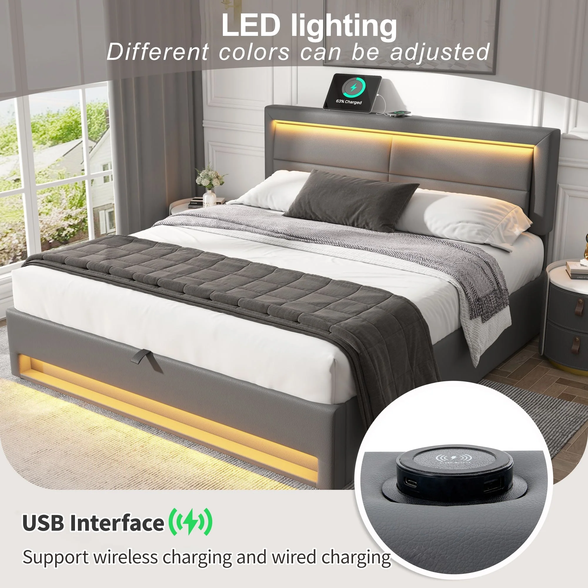 Upholstered Bed 135x190cm Double 4ft6 with USB Charging, LED Lighting & Storage, PU-Lychee, Grey - Image 5