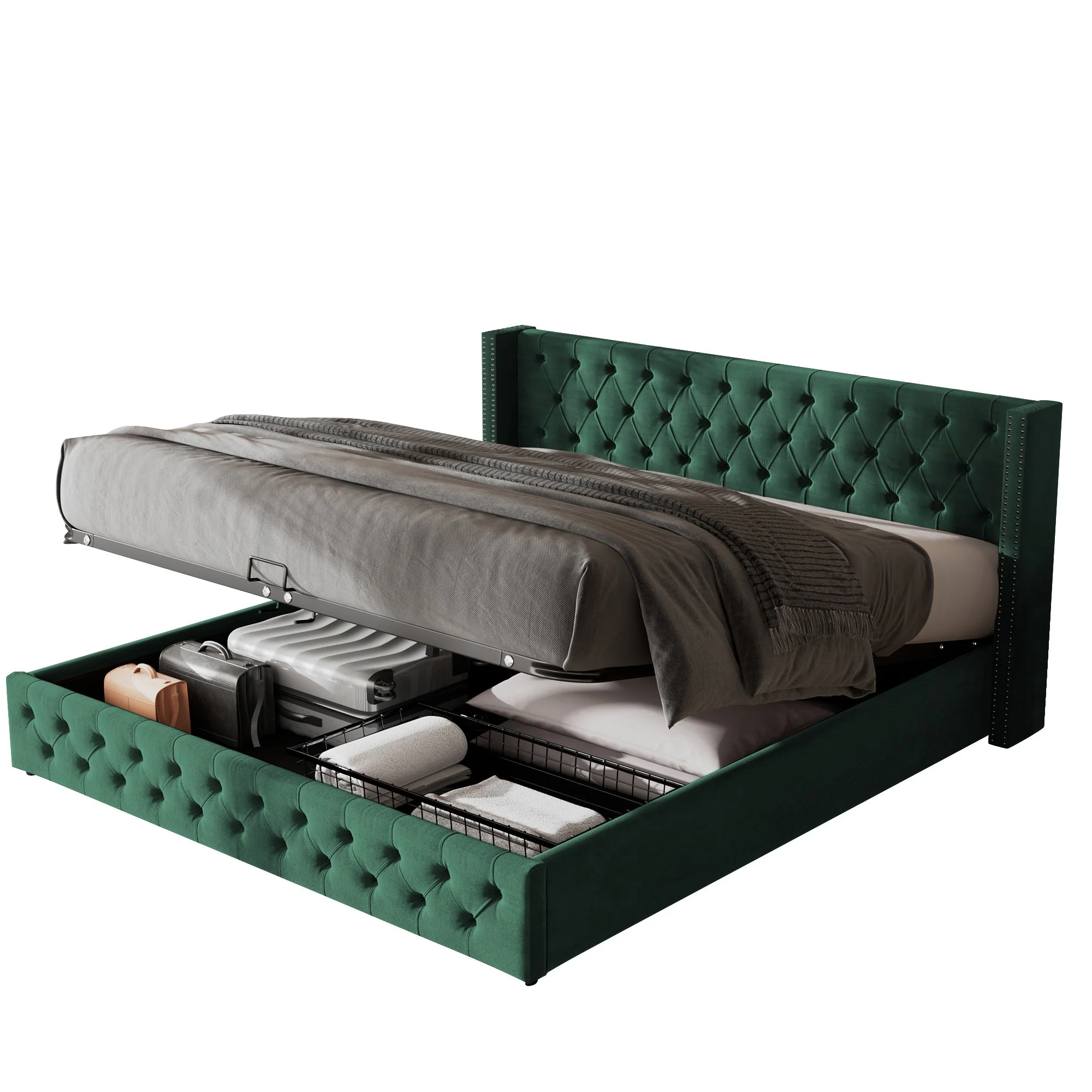 Upholstered Bed, 135x190cm, Hydraulic Lift Storage, Velvet Green - Image 5