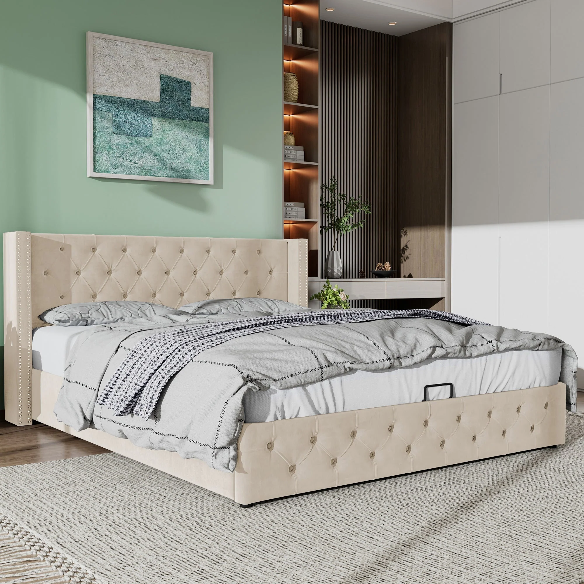 Upholstered Bed, 135x190cm, Hydraulic Lift with Storage, Velvet Beige - Image 5