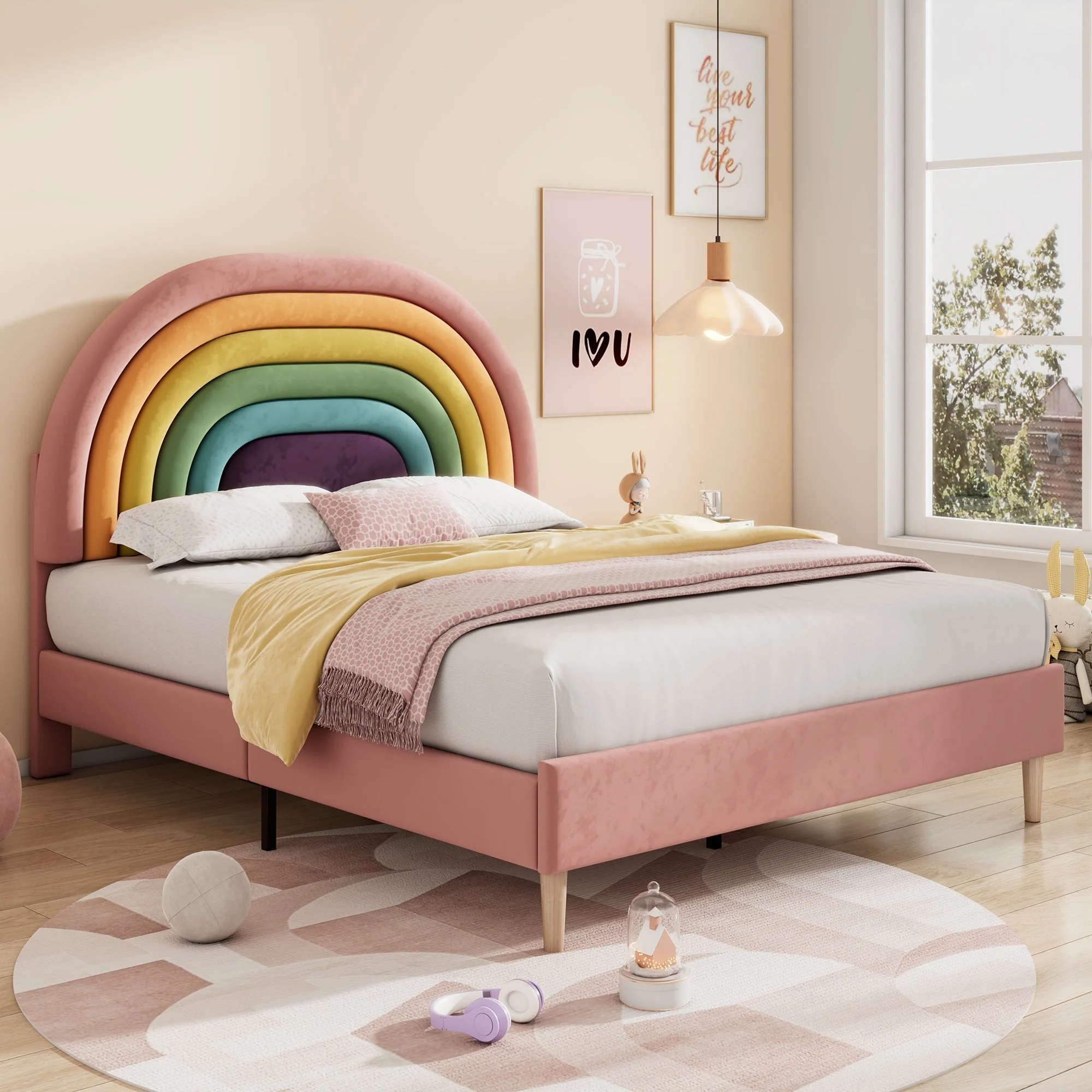 Upholstered Bed 135x190cm, Slatted Frame & Height-Adjustable Headboard, Velvet Pink