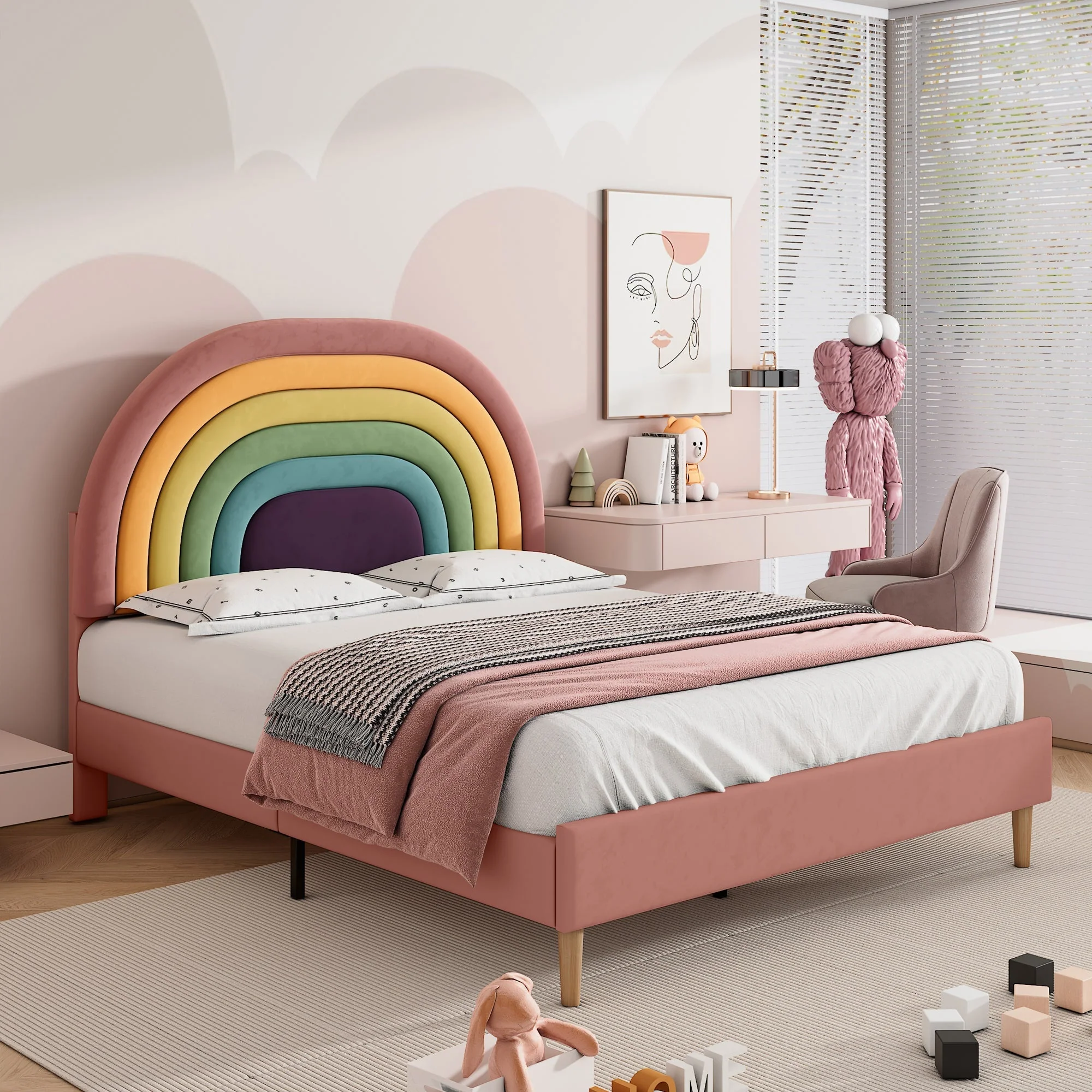 Upholstered Bed 135x190cm, Slatted Frame & Height-Adjustable Headboard, Velvet Pink - Image 4