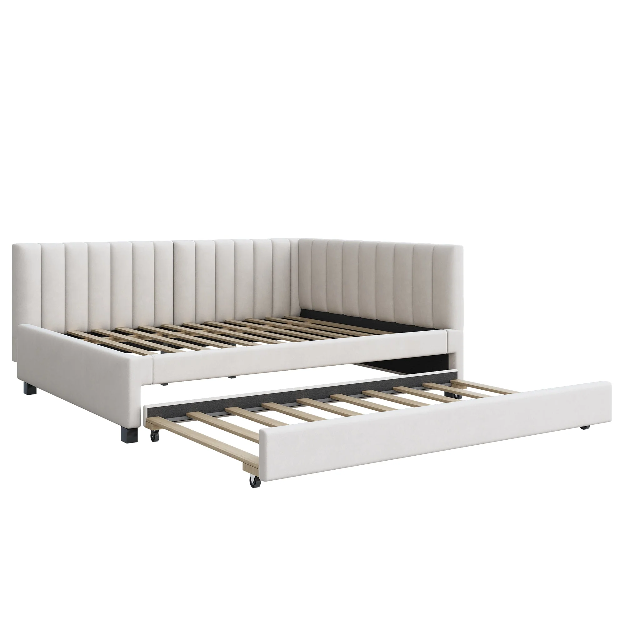 Upholstered Bed 140*200, Pull-Out Sofa Bed with Slatted Frame, Velvet Fabric Beige - Image 5
