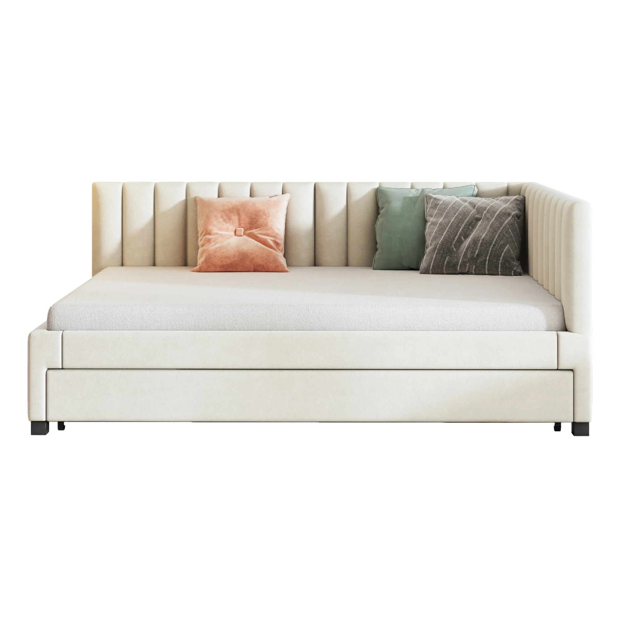 Upholstered Bed 140*200, Pull-Out Sofa Bed with Slatted Frame, Velvet Fabric Beige - Image 6