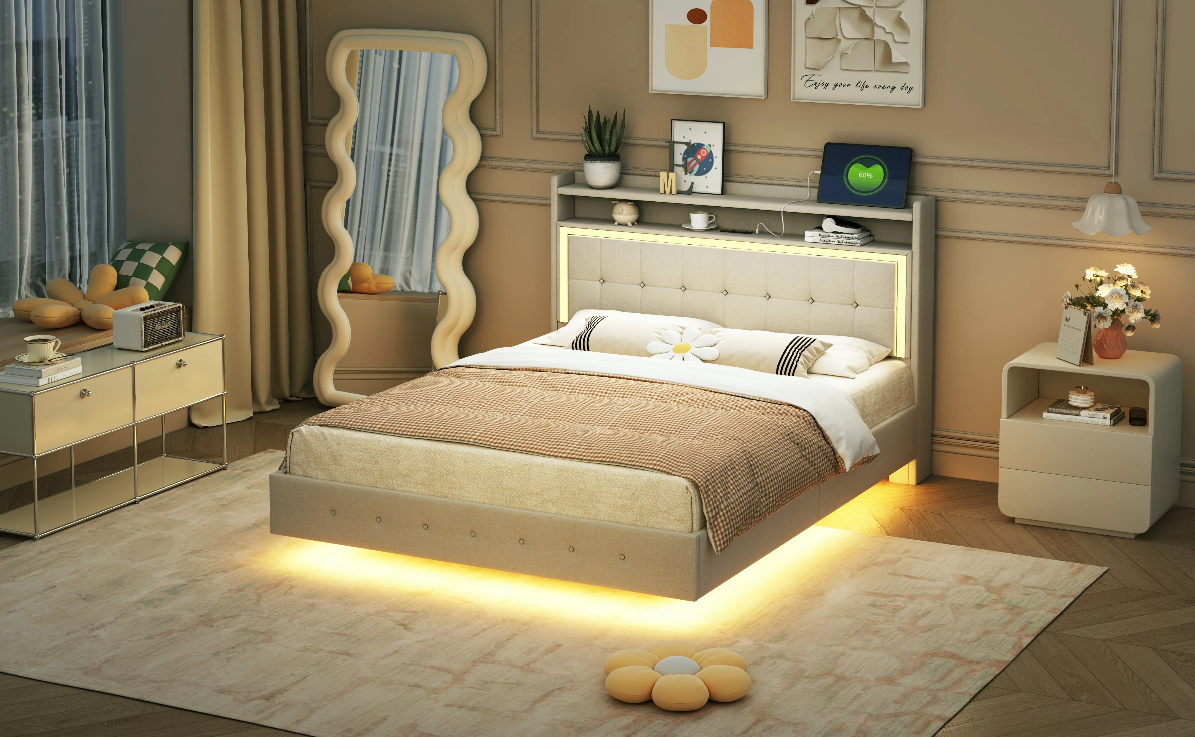 Upholstered Bed 140*200 with USB & LED Light, Linen Beige - Image 8