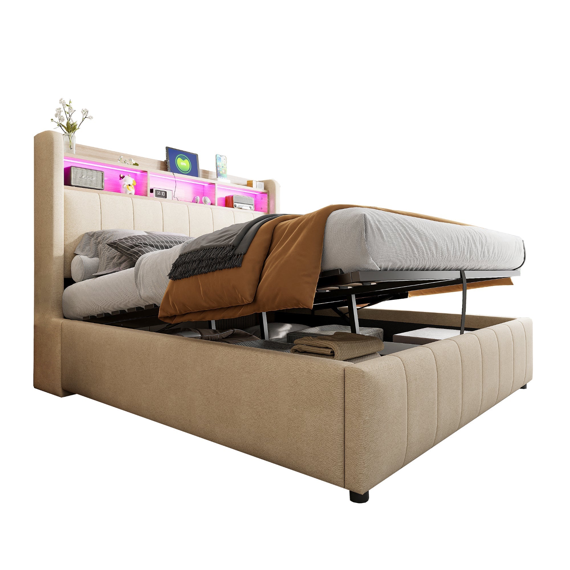 Upholstered Bed 140*200cm, LED Lighting, USB Socket, Headboard with Shelves, Hydraulic Storage, Double Bed, Beige Linen Fabric - Image 7
