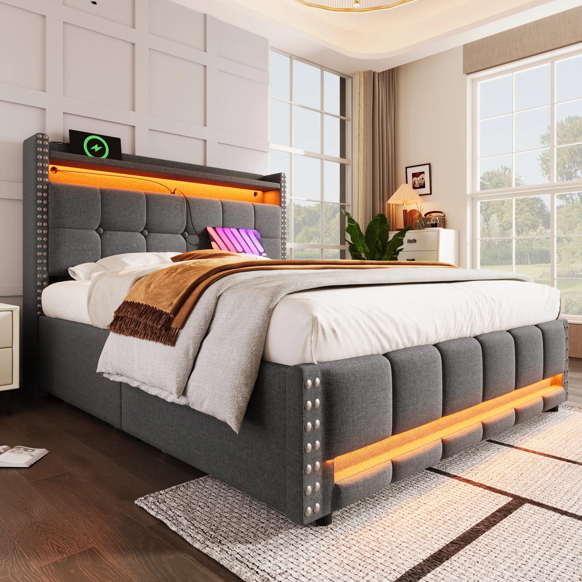 Upholstered Bed 140*200cm, LED & USB, Hydraulic Storage, Linen Fabric Grey - Image 7
