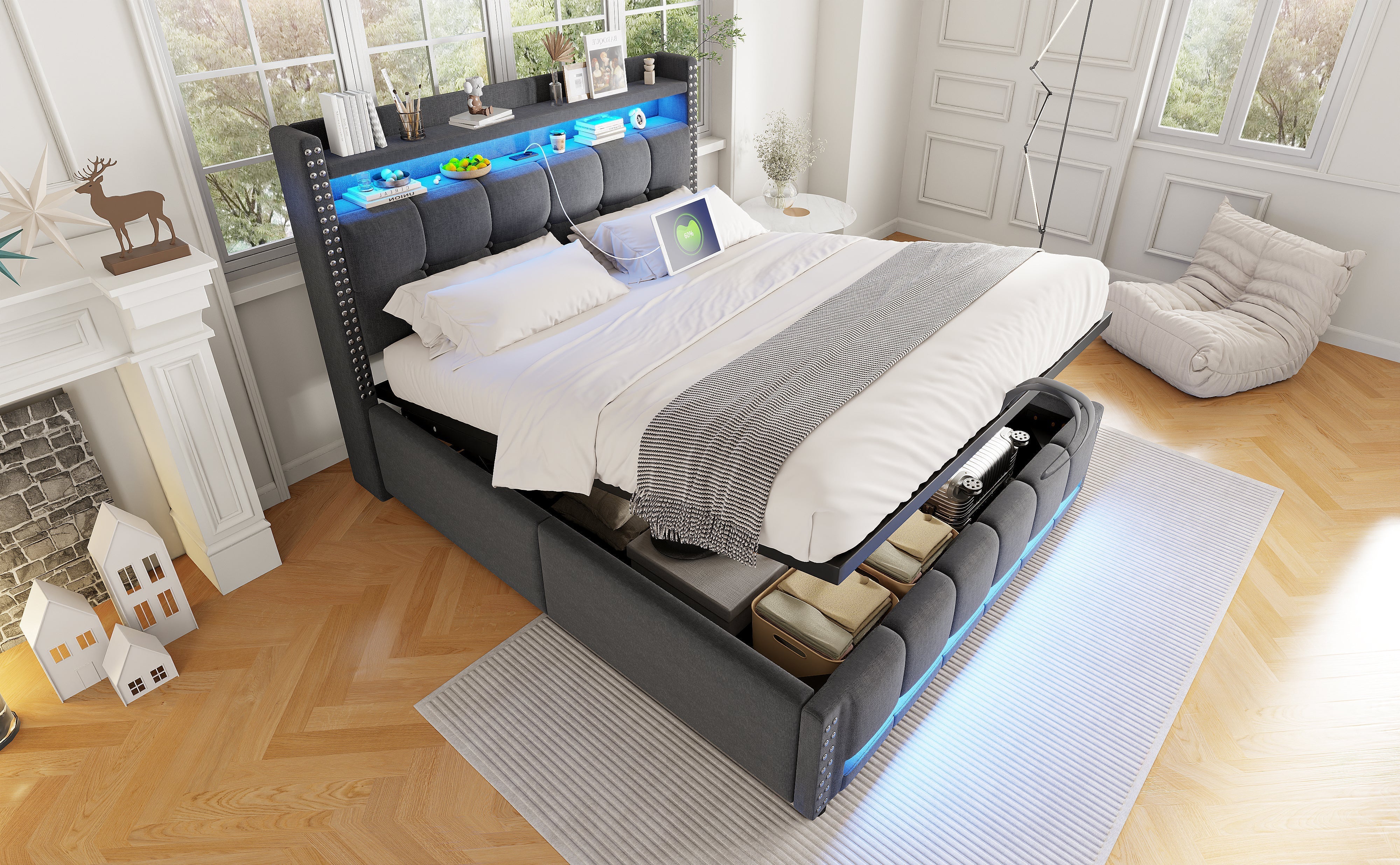 Upholstered Bed 140*200cm, LED & USB, Hydraulic Storage, Linen Fabric Grey - Image 9