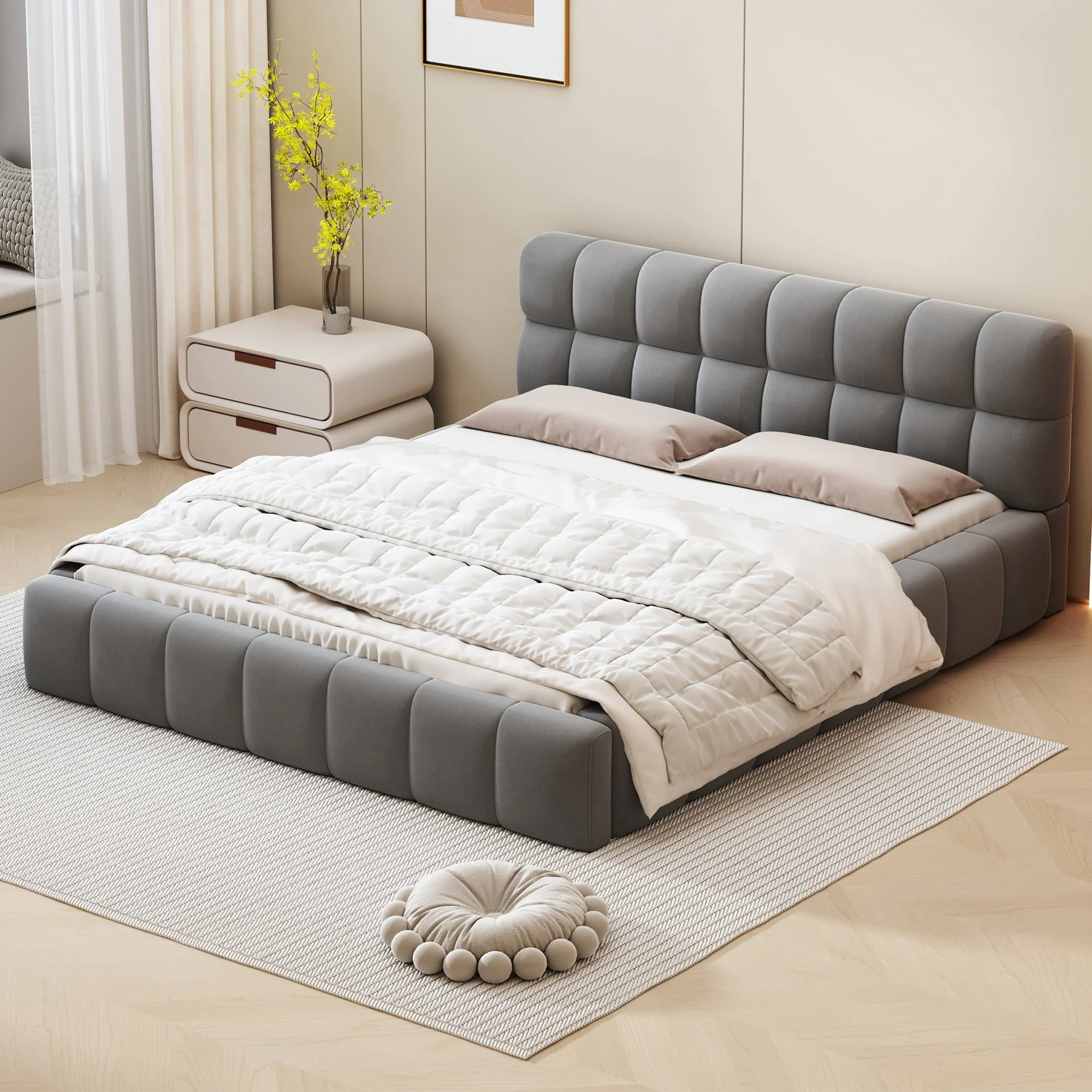 Upholstered Bed, 140 x 190 cm Double with Soft Backrest, Linen Grey - Image 2