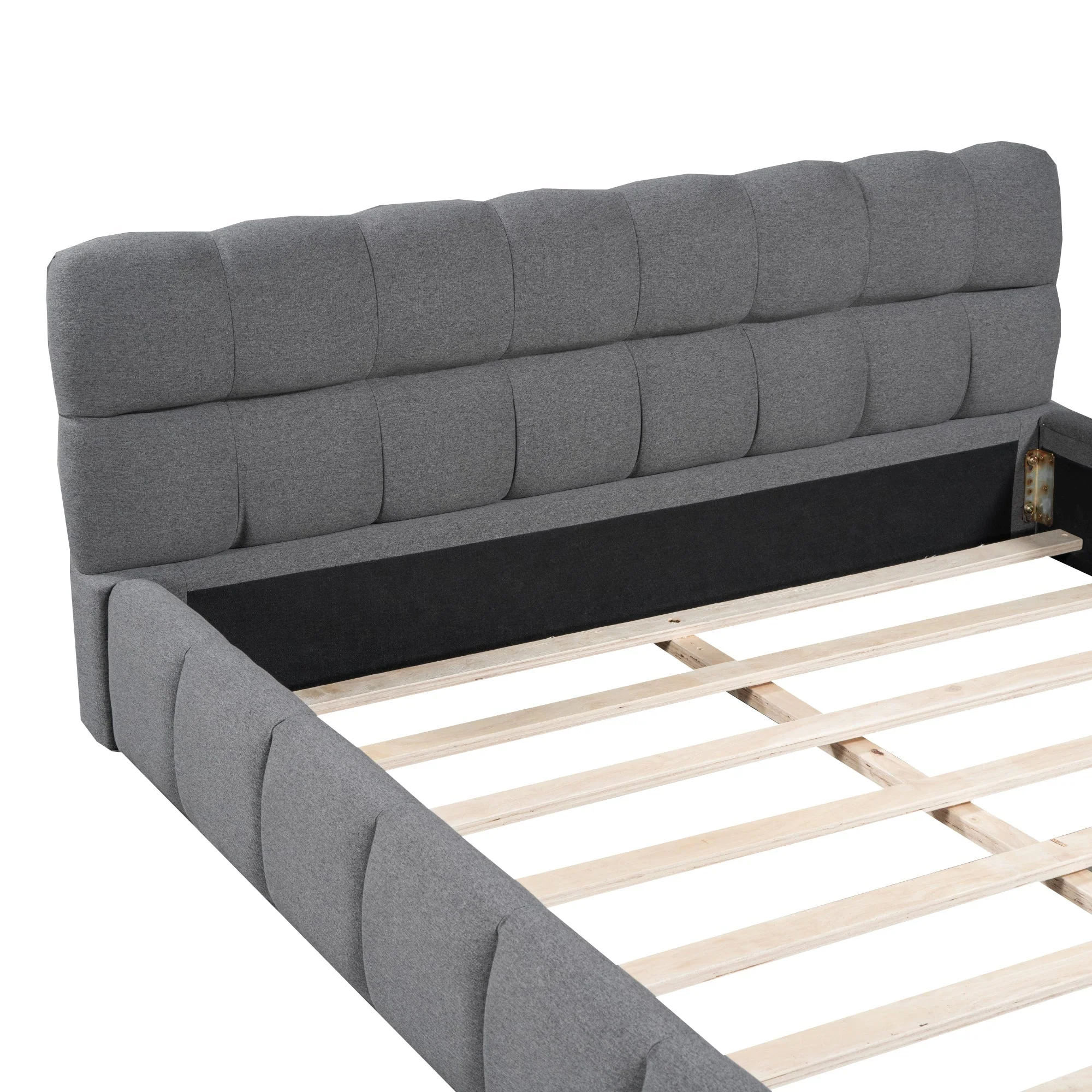 Upholstered Bed, 140 x 190 cm Double with Soft Backrest, Linen Grey - Image 8
