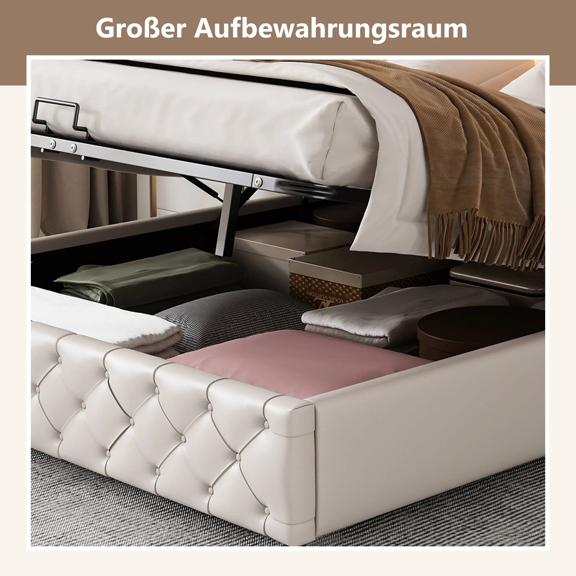 Upholstered Bed 140 x 190 cm with Hydraulic Storage and LED Lighting, White PU - Image 9