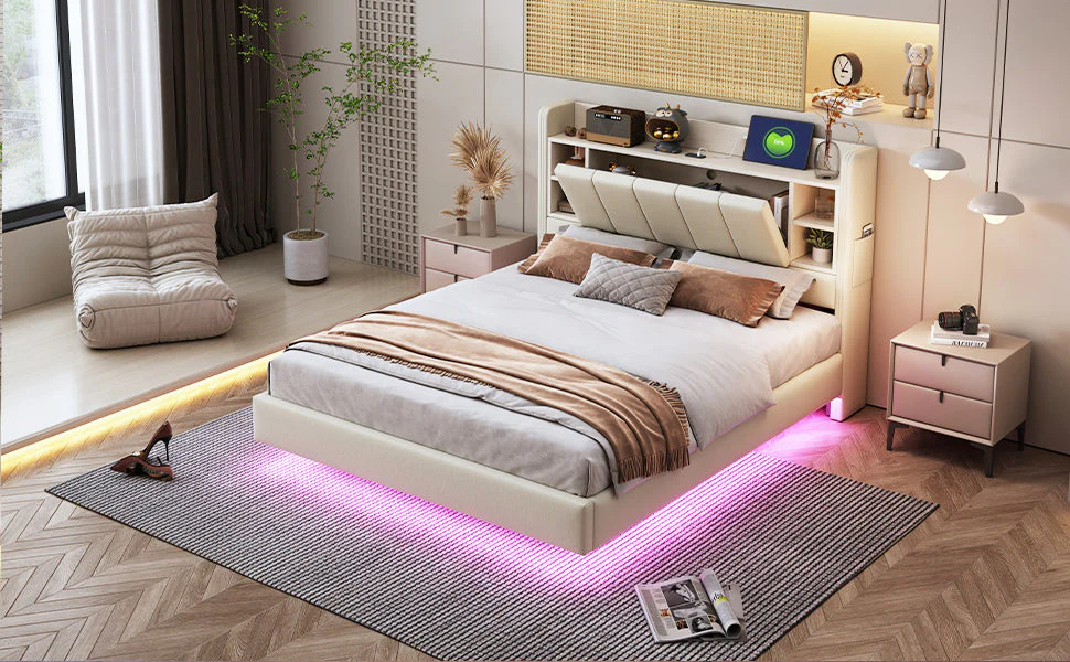 Upholstered Bed 140 x 200 cm, USB, Light Strip, Reversible Headboard, Storage, Metal Frame, Linen Fabric, Beige - Image 8