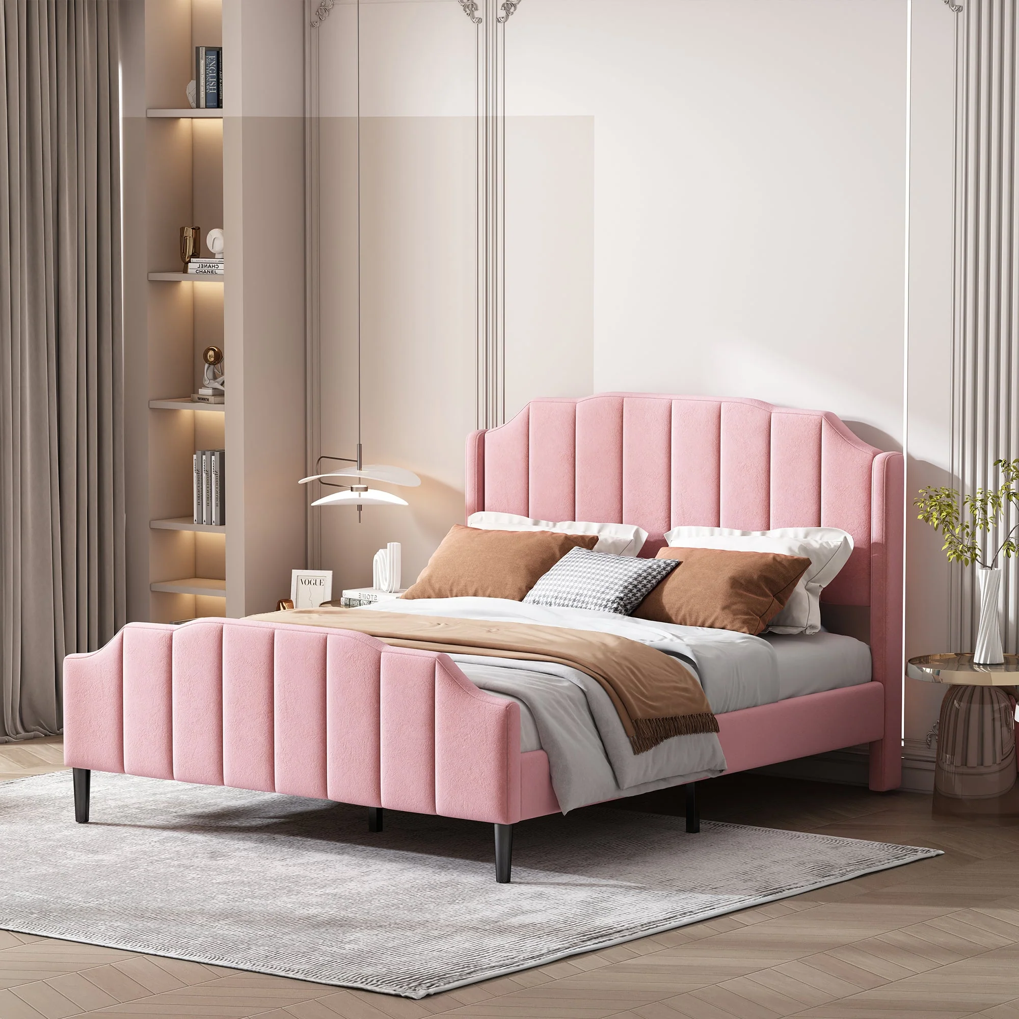 Upholstered Bed, 140 x 200 cm, with Headboard, Footboard & Slatted Frame, Pink Velvet - Image 4