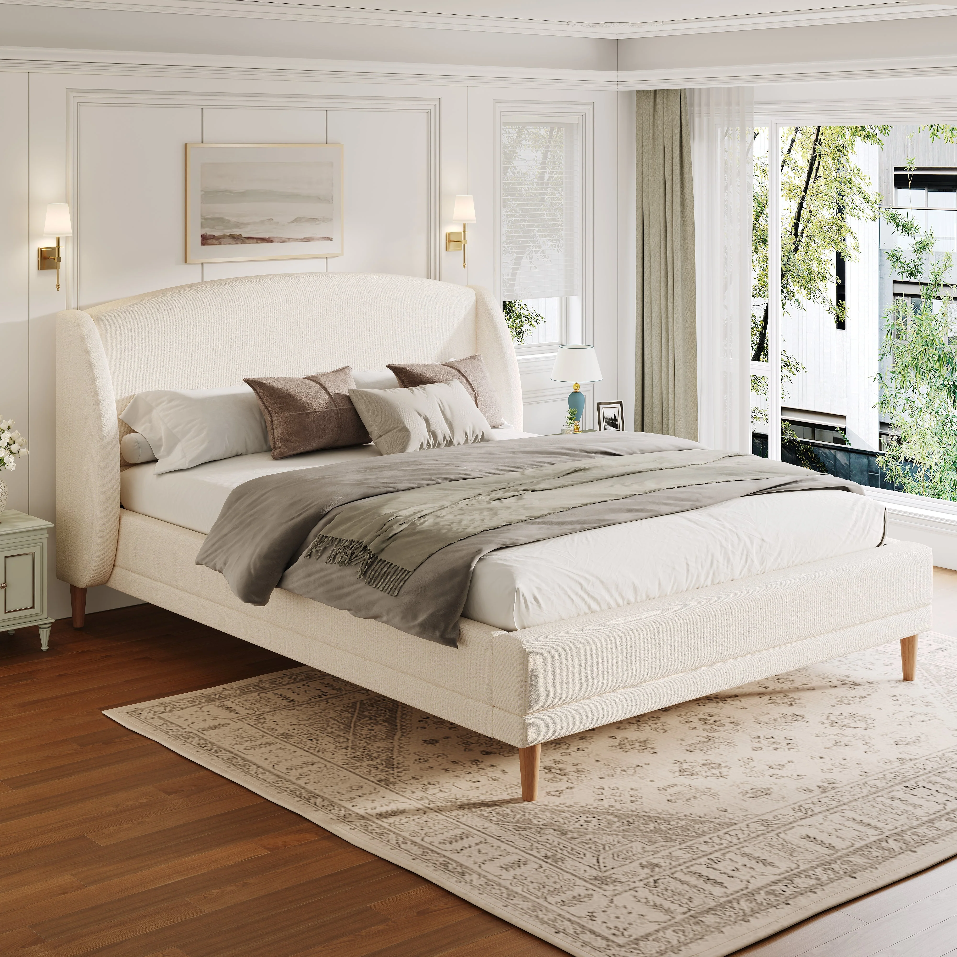 Upholstered Bed 140x190 cm with Winged Headboard and Slatted Base, Ivory White Bouclé Fabric