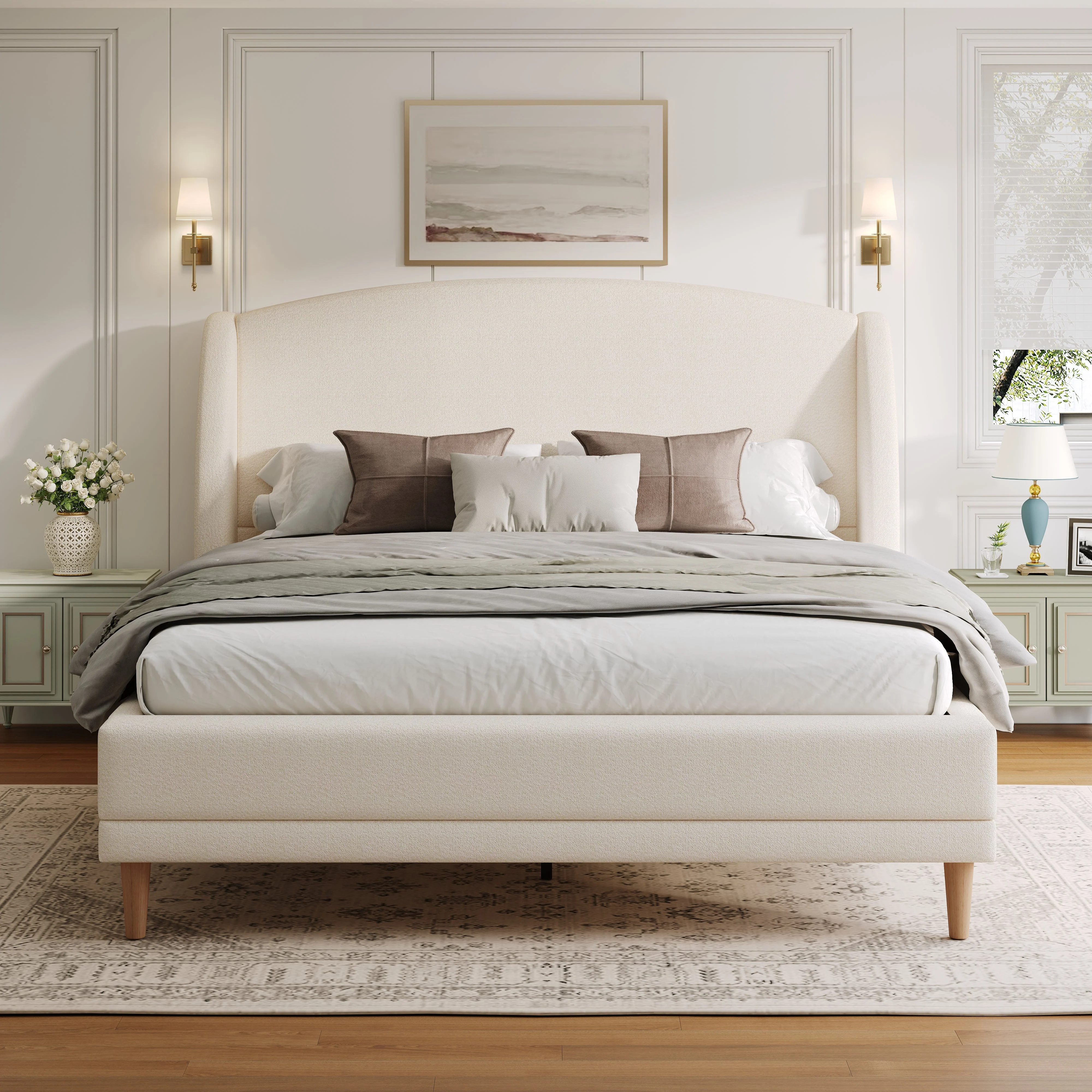 Upholstered Bed 140x190 cm with Winged Headboard and Slatted Base, Ivory White Bouclé Fabric - Image 2
