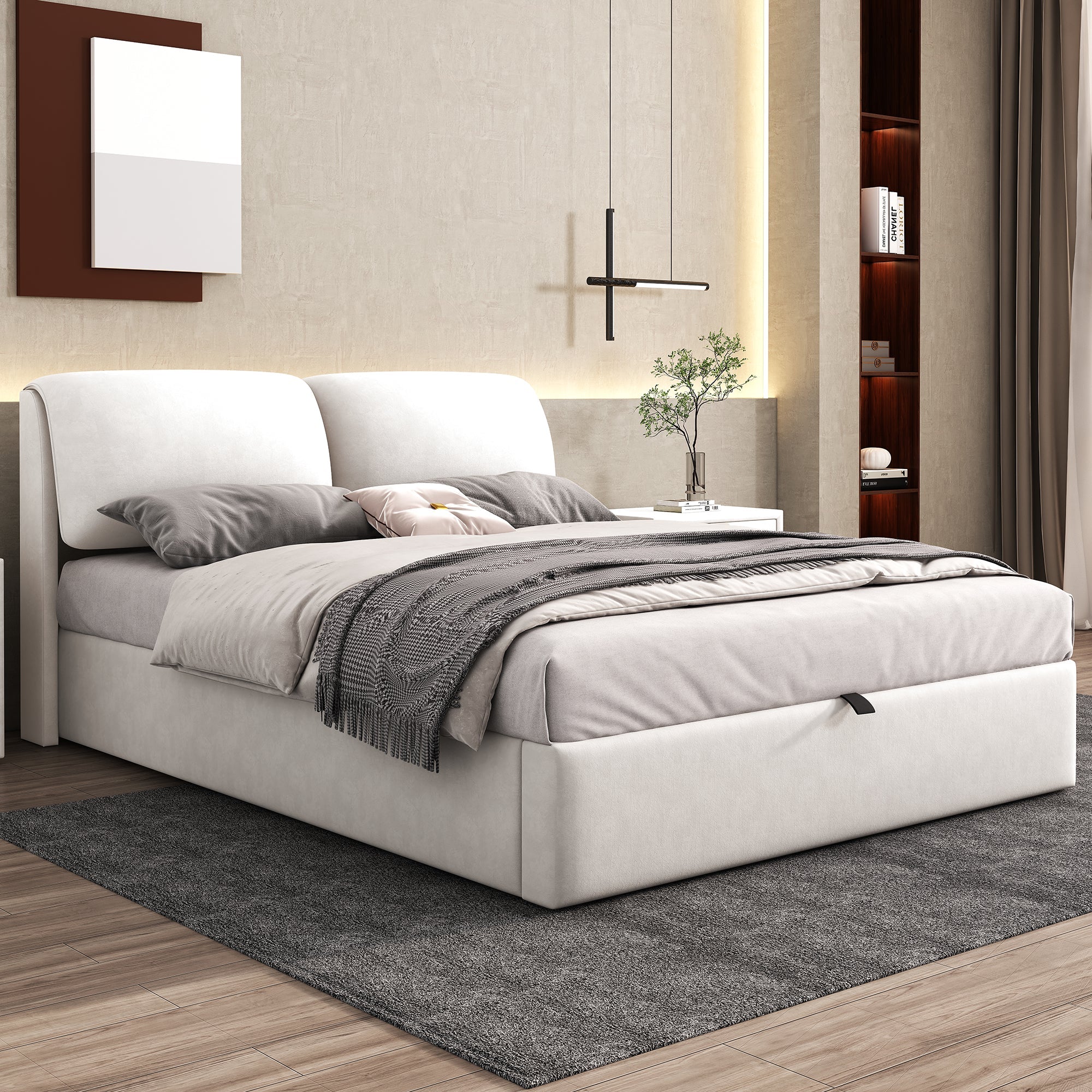Upholstered Bed, 140x190, Hydraulic Base, 3 Drawers, Storage Chest, Slat Frame, Headboard, Velvet Beige - Image 3