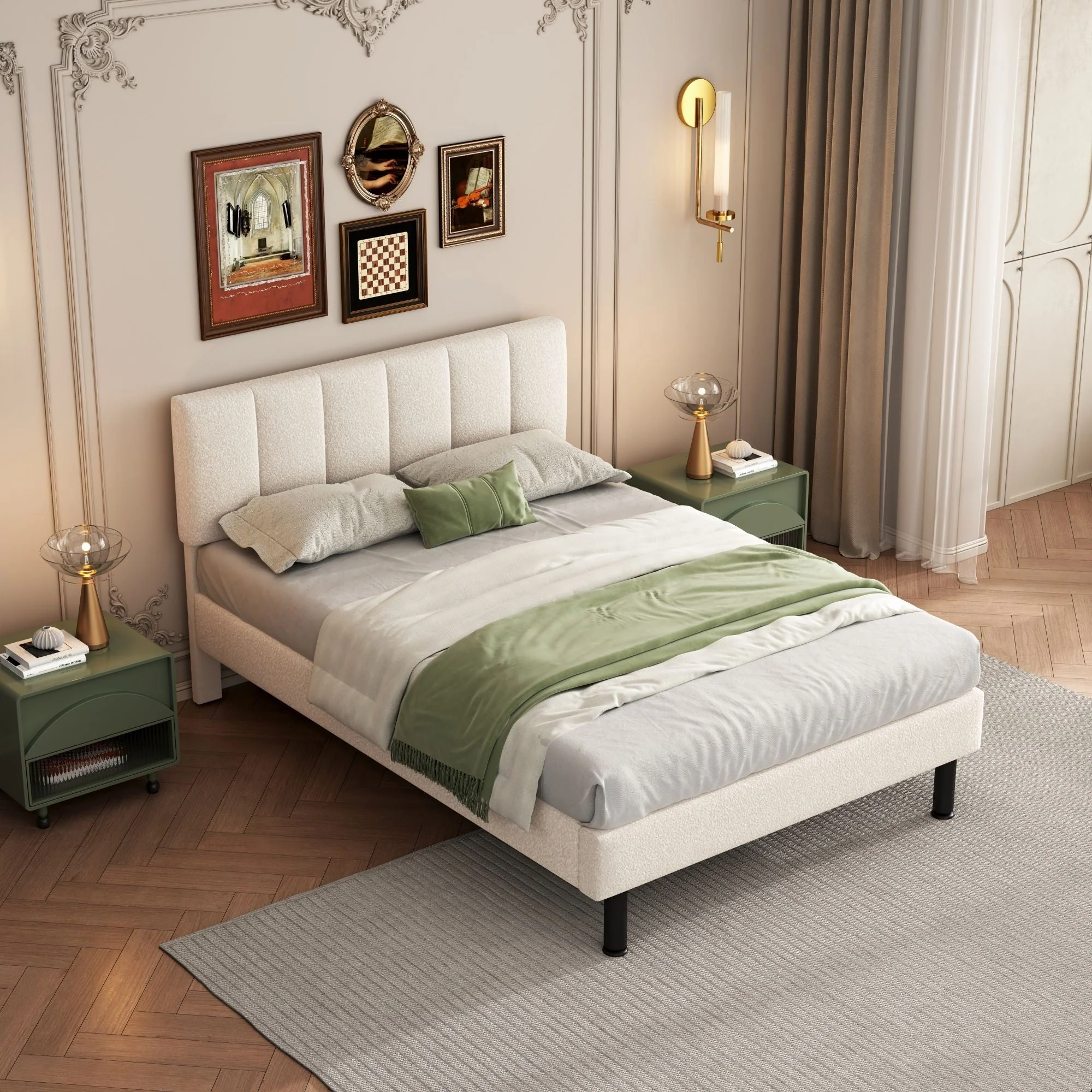 Upholstered Bed 140x190 Slatted Base Iron Legs Sherpa Fabric Beige - Image 6