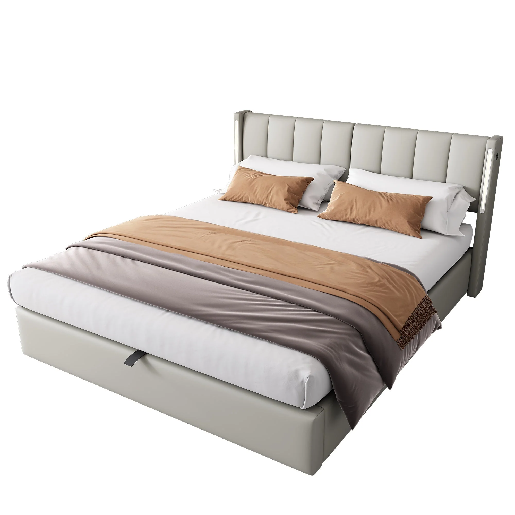 Upholstered Bed 140x190cm Hydraulic LED USB Storage Adjustable Headboard PU Gray - Image 7