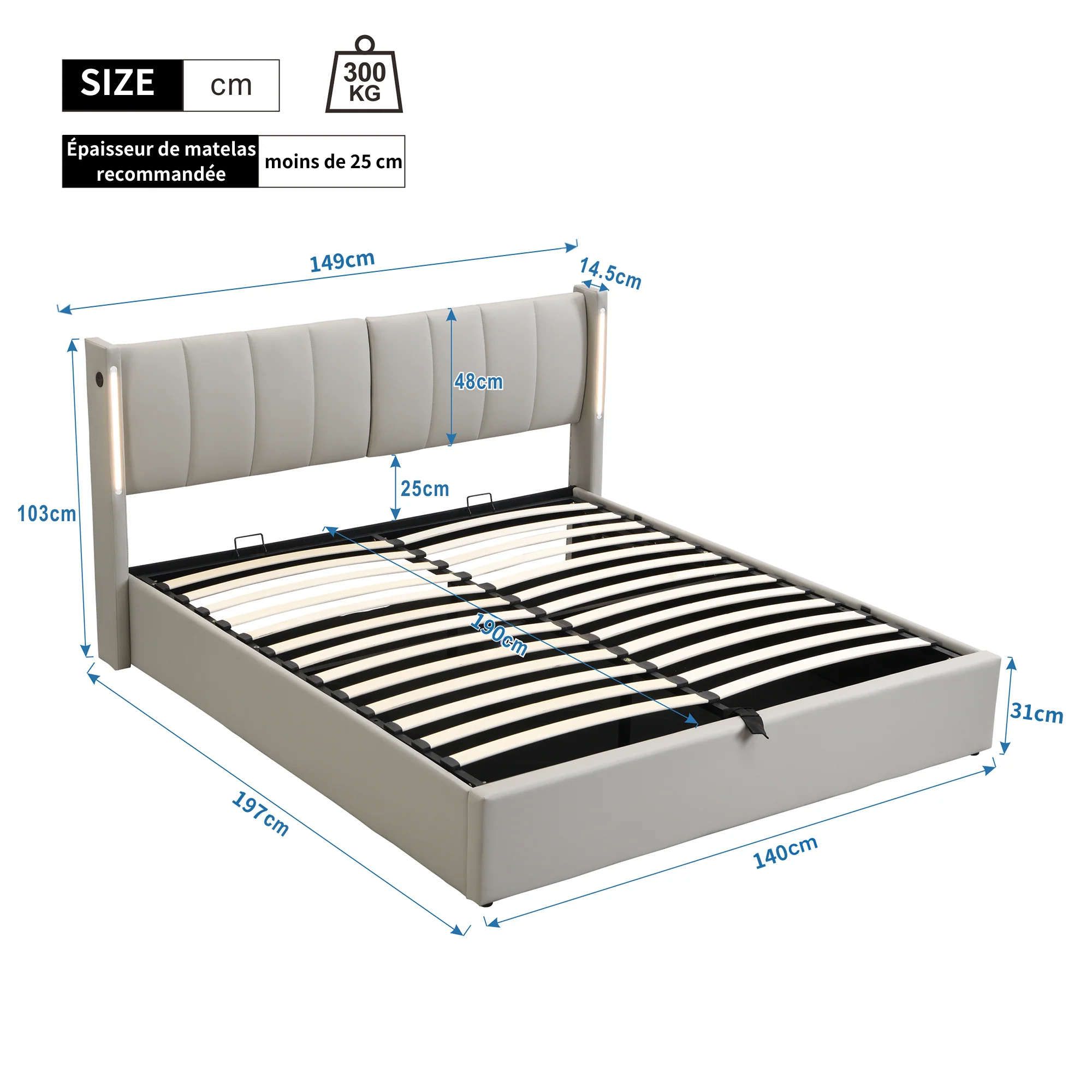Upholstered Bed 140x190cm Hydraulic LED USB Storage Adjustable Headboard PU Gray - Image 8