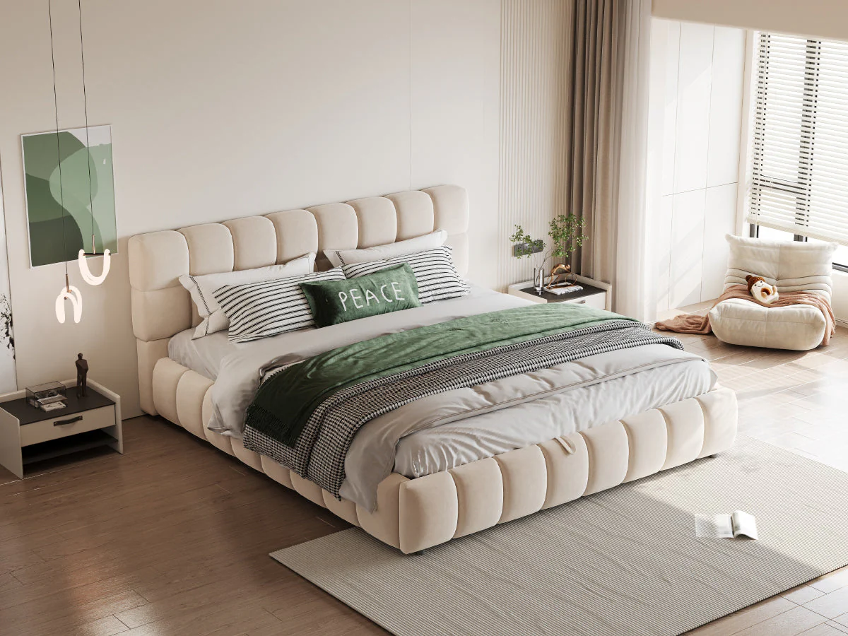 Upholstered Bed 140x190cm Hydraulic Storage Double, Velvet Beige - Image 6