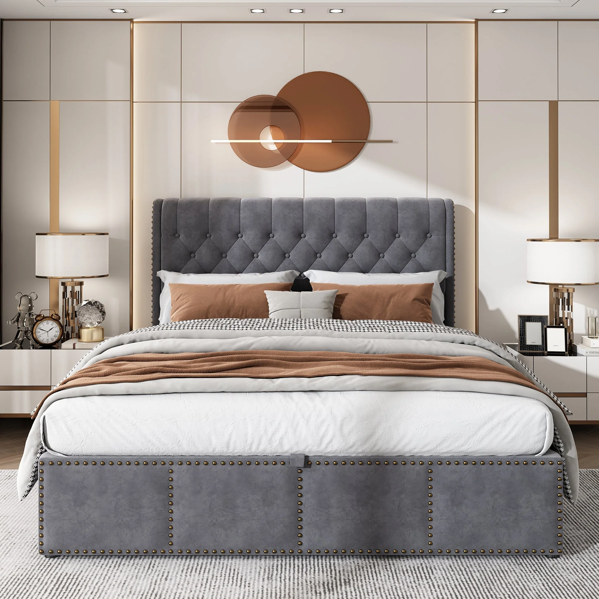 Upholstered Bed 140x190cm Hydraulic Storage Studded - Velvet Grey - Image 2
