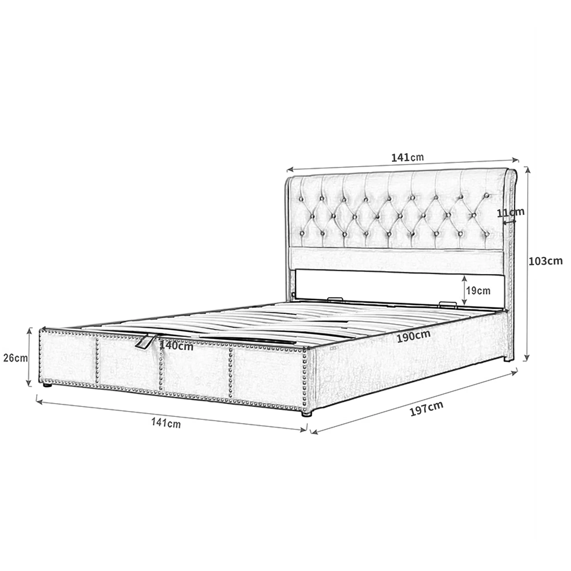 Upholstered Bed 140x190cm Hydraulic Storage Studded - Velvet Grey - Image 3