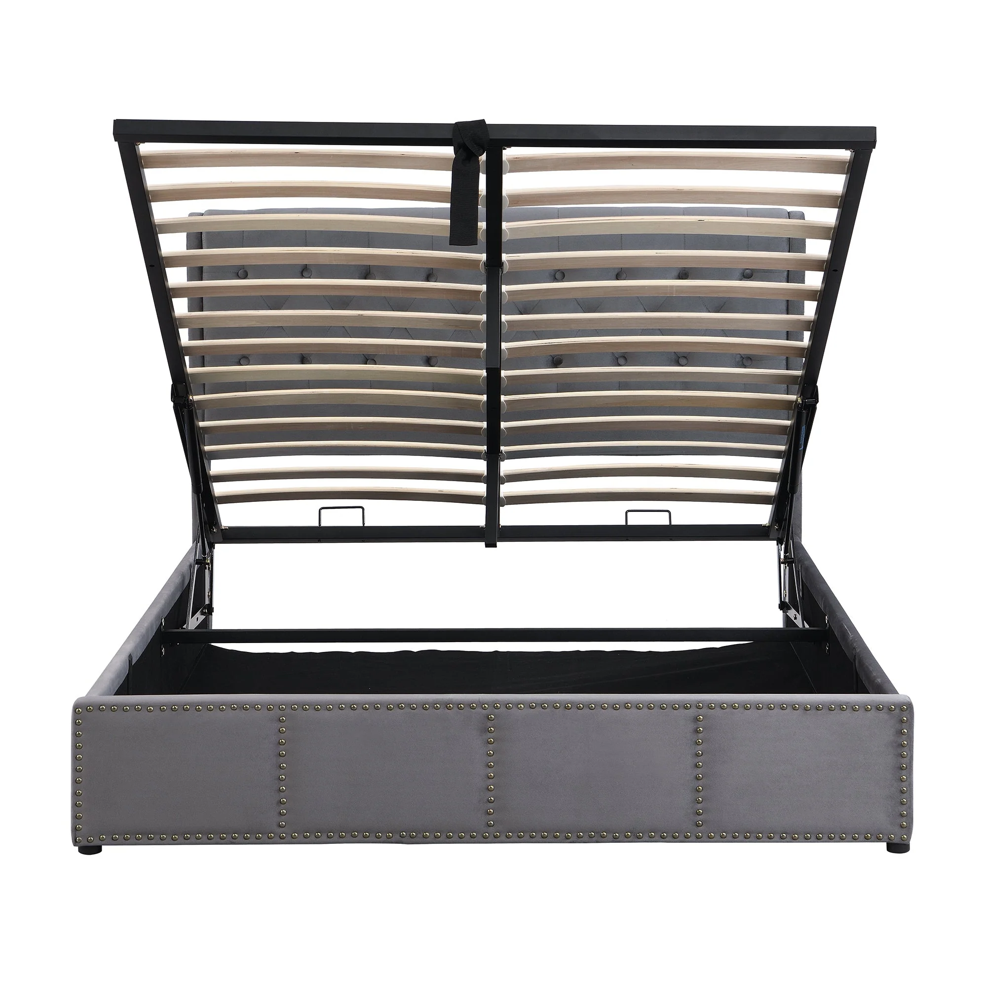 Upholstered Bed 140x190cm Hydraulic Storage Studded - Velvet Grey - Image 4