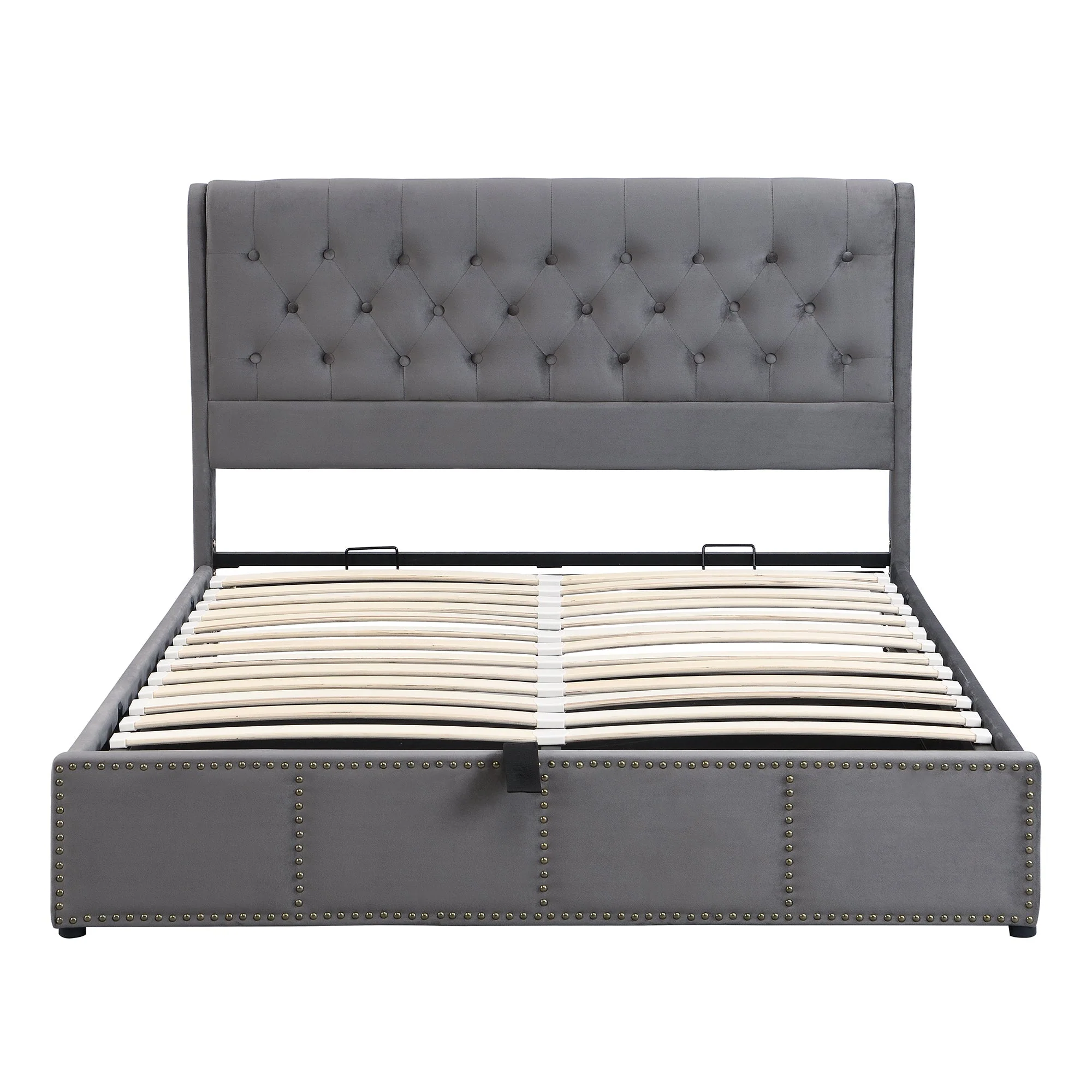 Upholstered Bed 140x190cm Hydraulic Storage Studded - Velvet Grey - Image 7