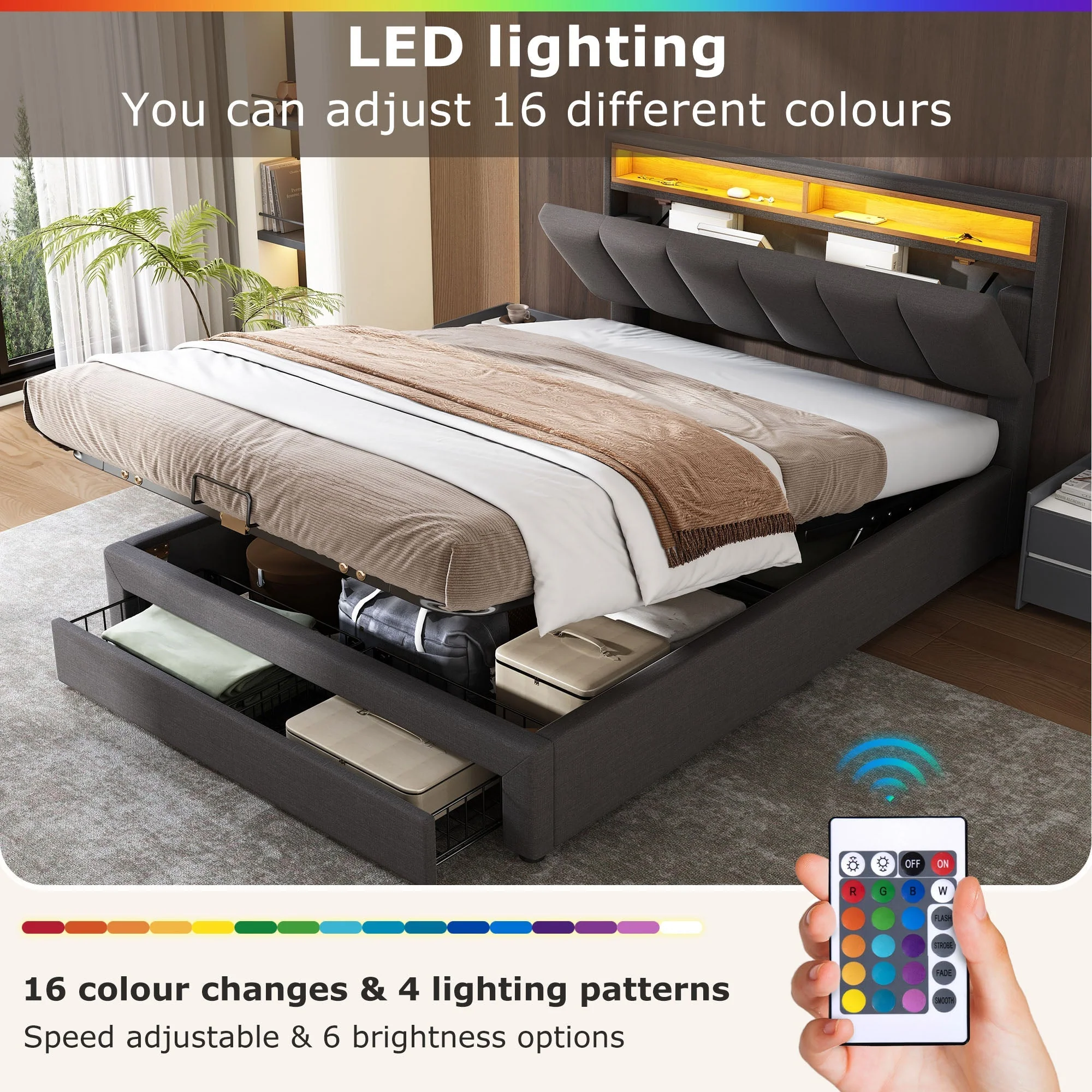 Upholstered Bed 140x190cm LED Hydraulic Storage Drawers - Grey Linen - Image 6