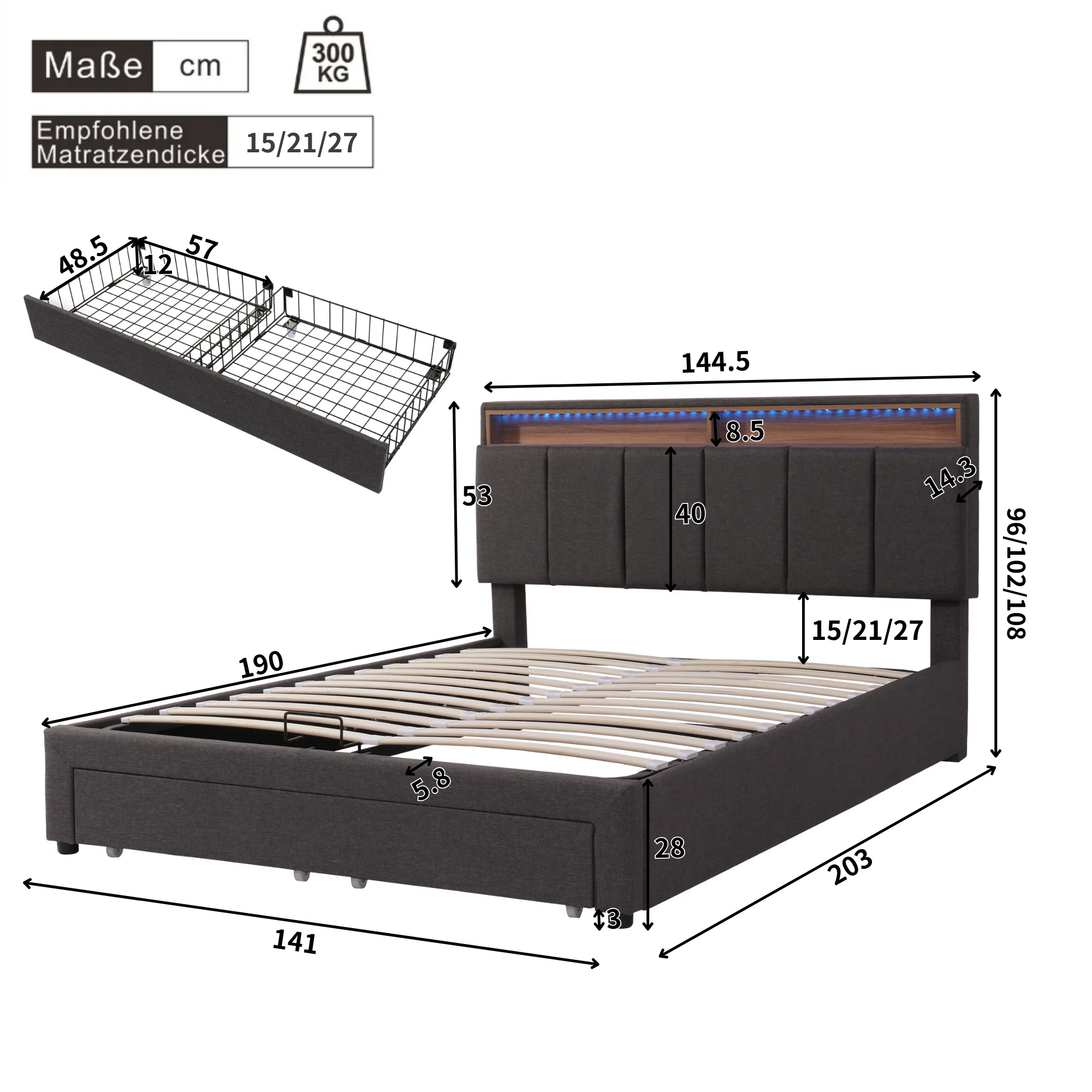 Upholstered Bed 140x190cm LED Hydraulic Storage Drawers - Grey Linen - Image 8