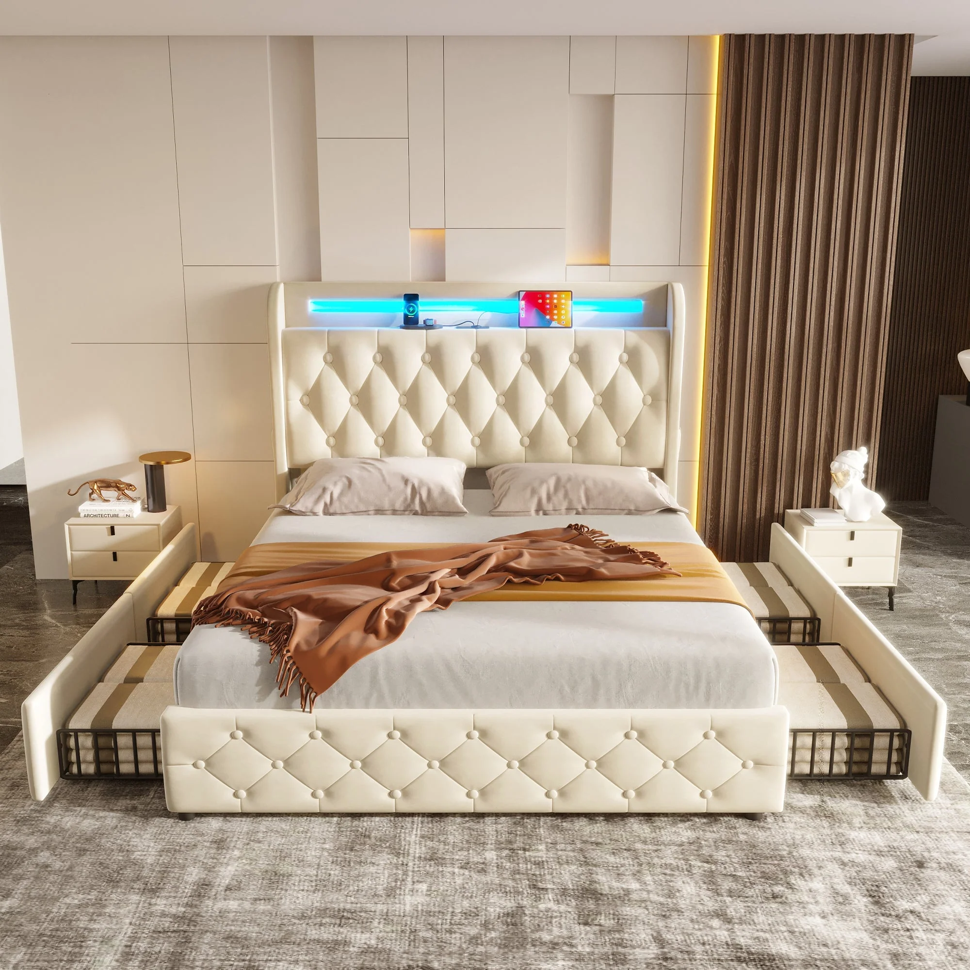 Upholstered Bed 140x190cm LED USB Headboard Storage 4 Drawers - Velvet