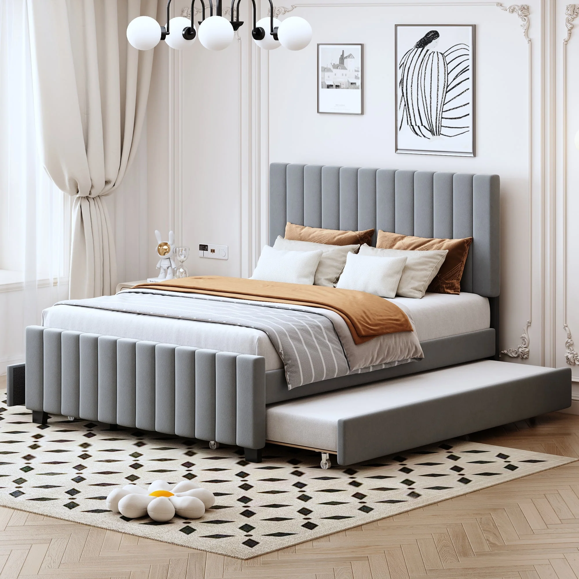 Upholstered Bed 140x190cm, Pull-Out & 2 Drawers, Velvet, Grey - Image 2