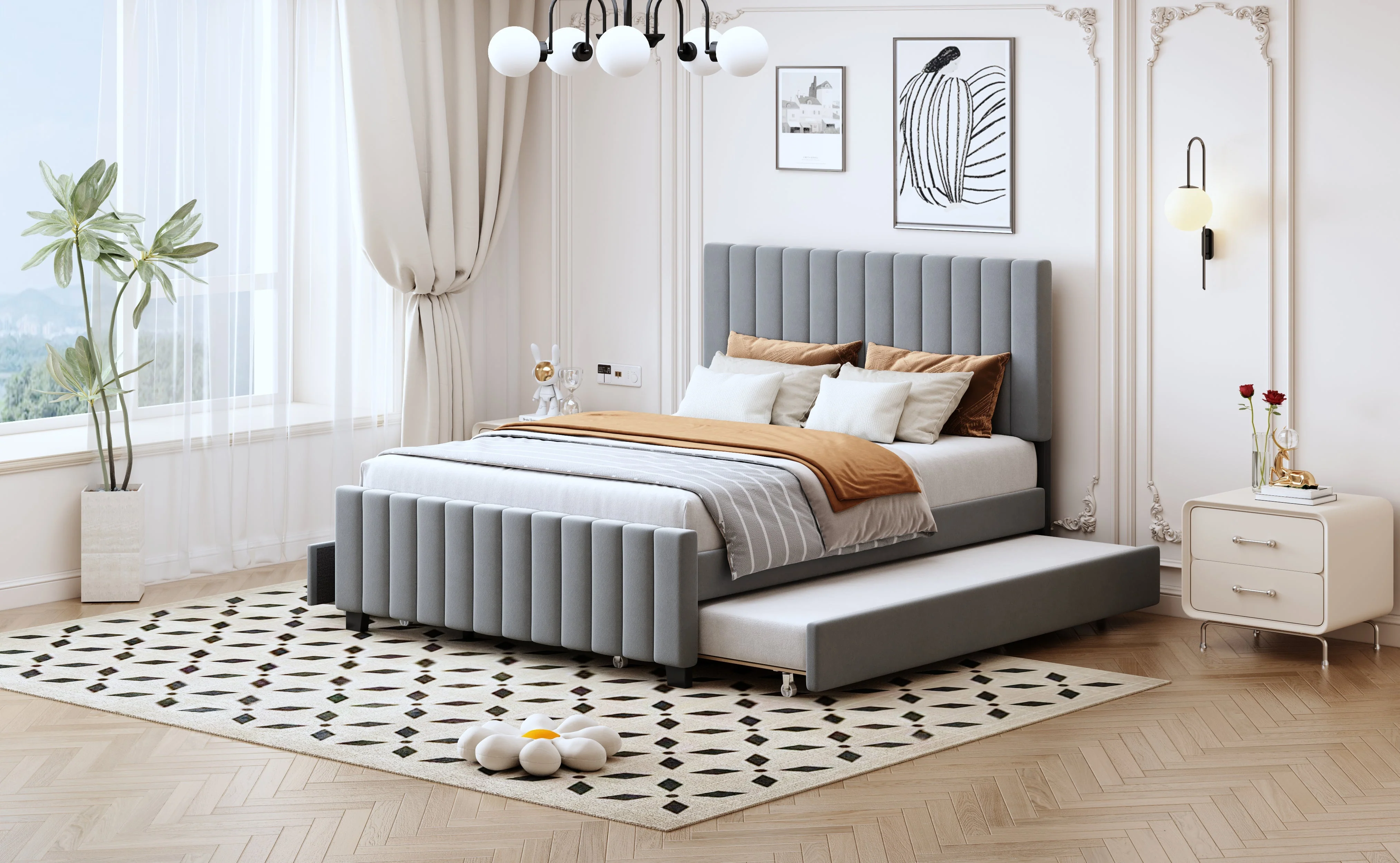 Upholstered Bed 140x190cm, Pull-Out & 2 Drawers, Velvet, Grey - Image 5