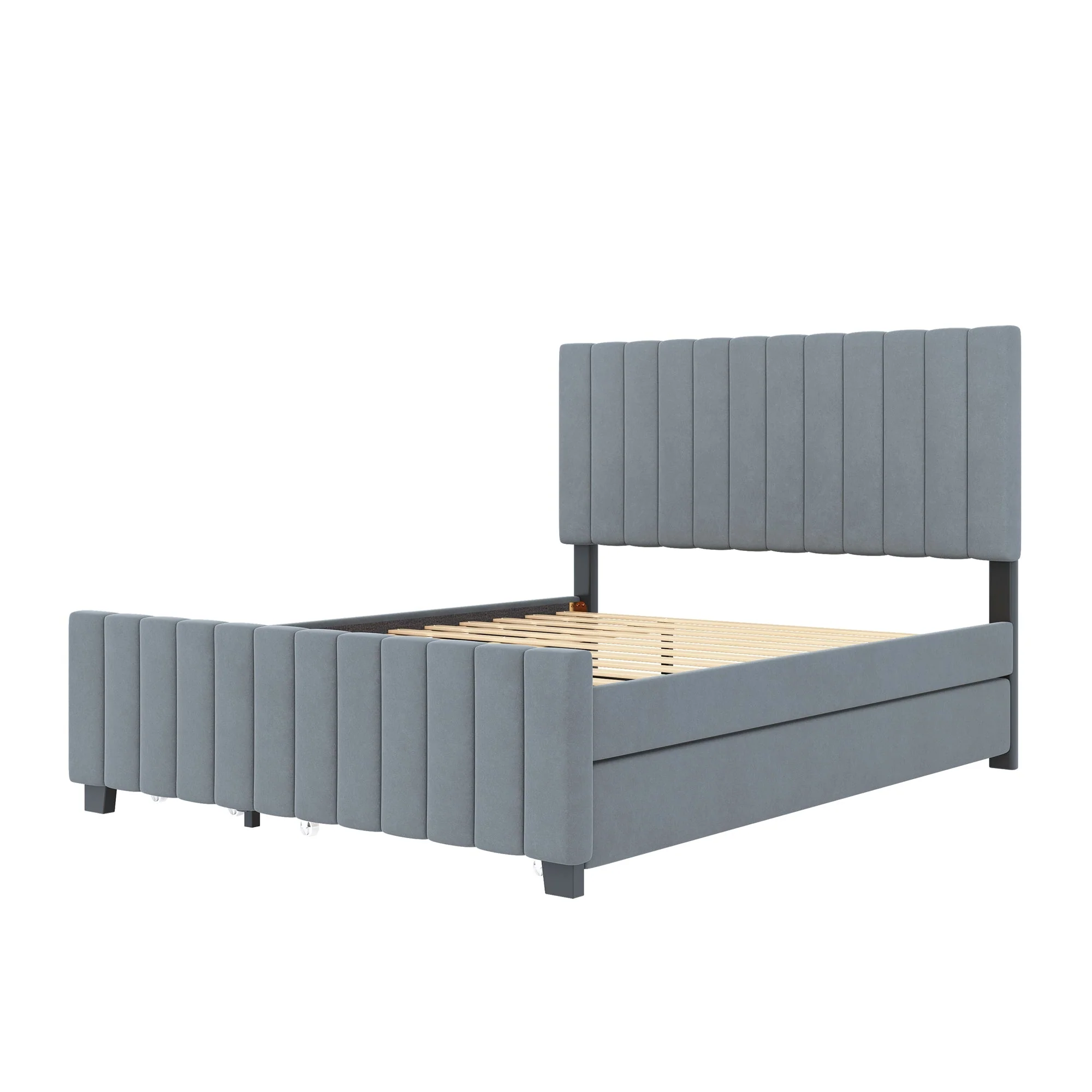 Upholstered Bed 140x190cm, Pull-Out & 2 Drawers, Velvet, Grey - Image 7