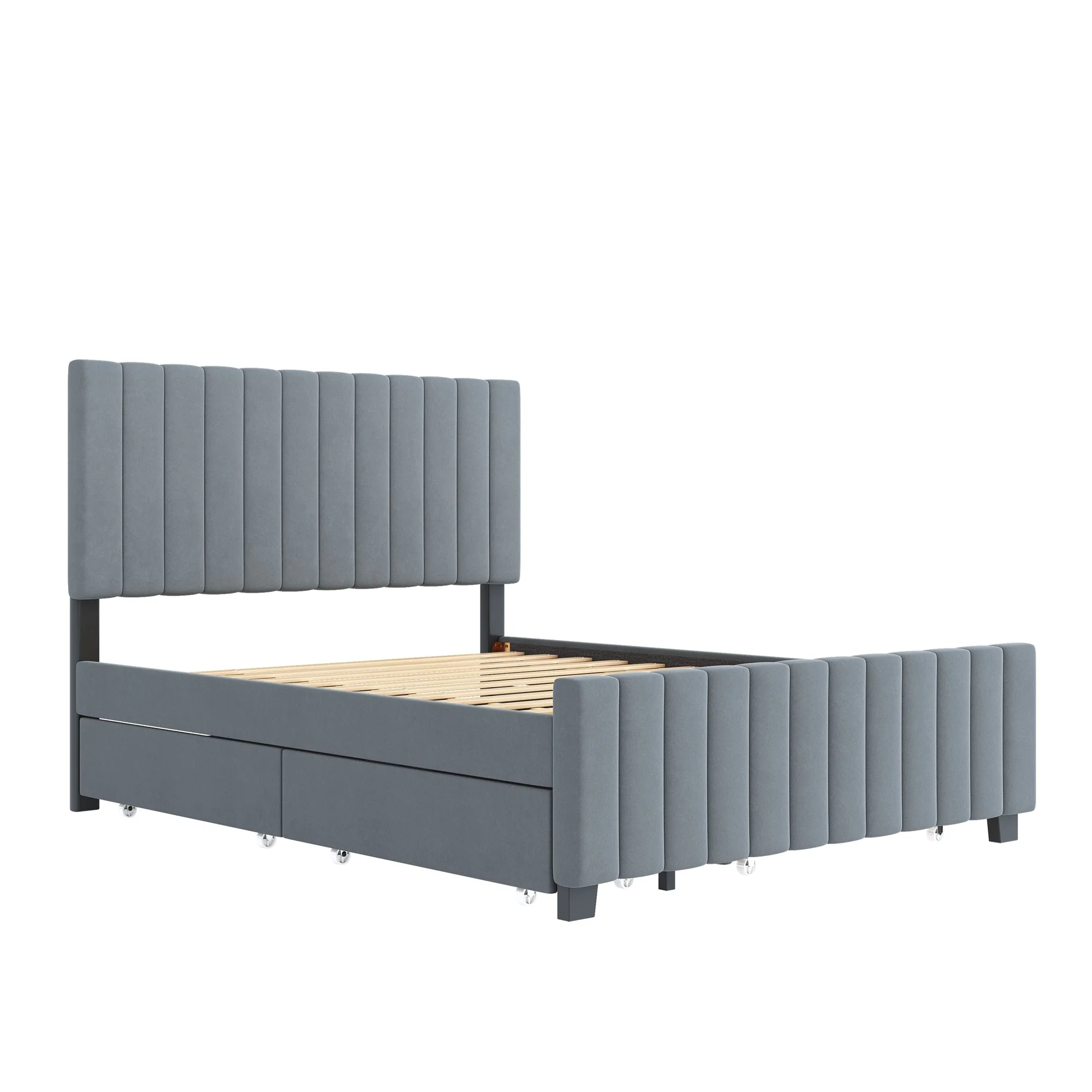 Upholstered Bed 140x190cm, Pull-Out & 2 Drawers, Velvet, Grey - Image 9