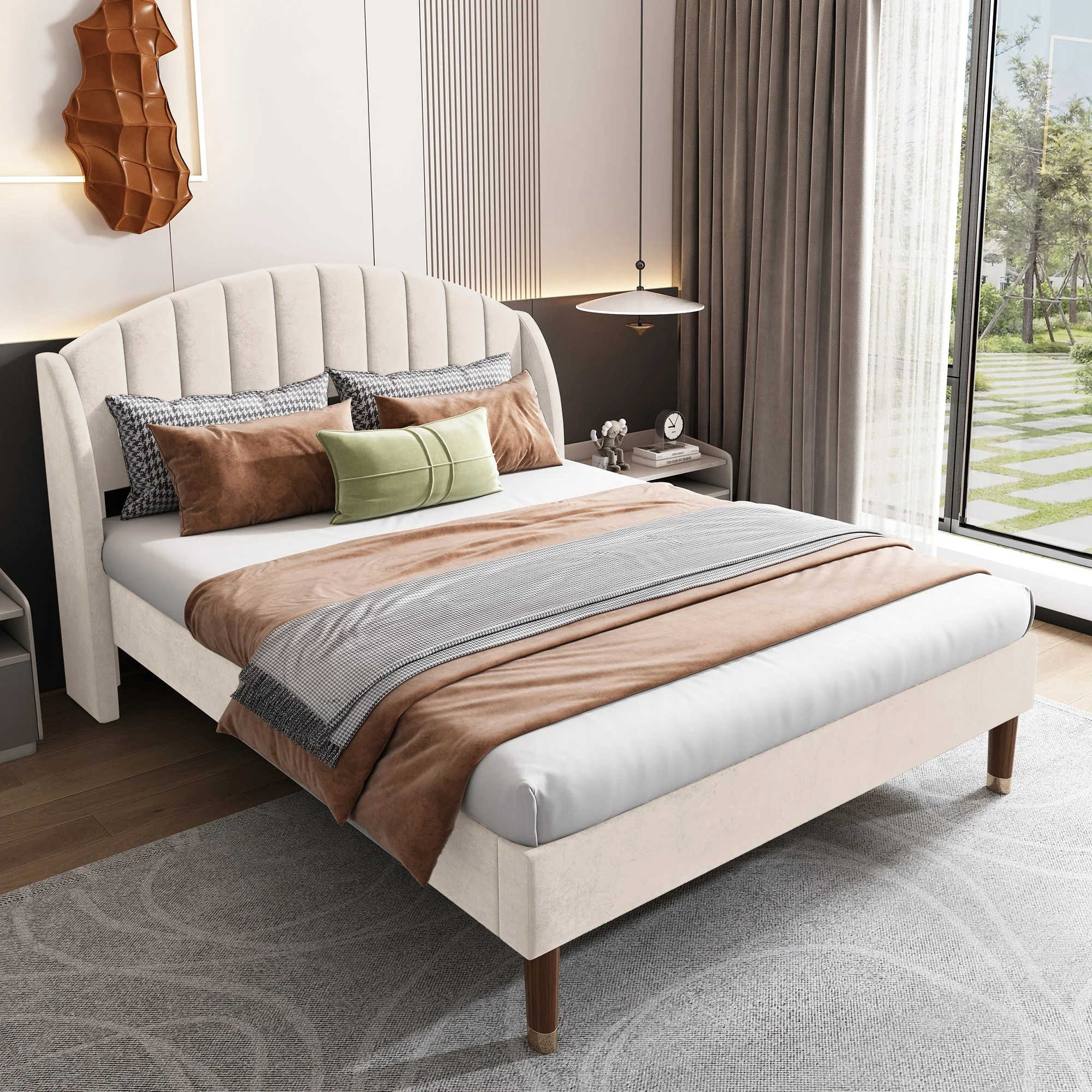 Upholstered Bed 140x190cm Slatted Base Headboard - Velvet Beige - Image 4
