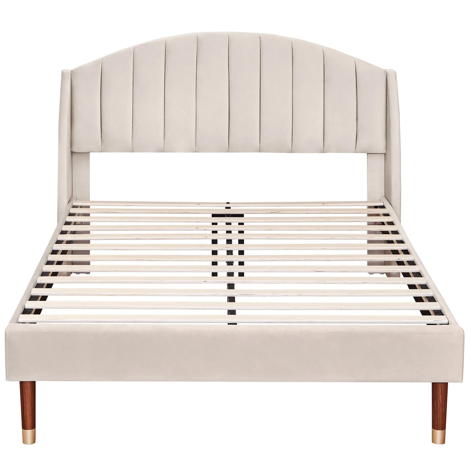 Upholstered Bed 140x190cm Slatted Base Headboard - Velvet Beige - Image 7