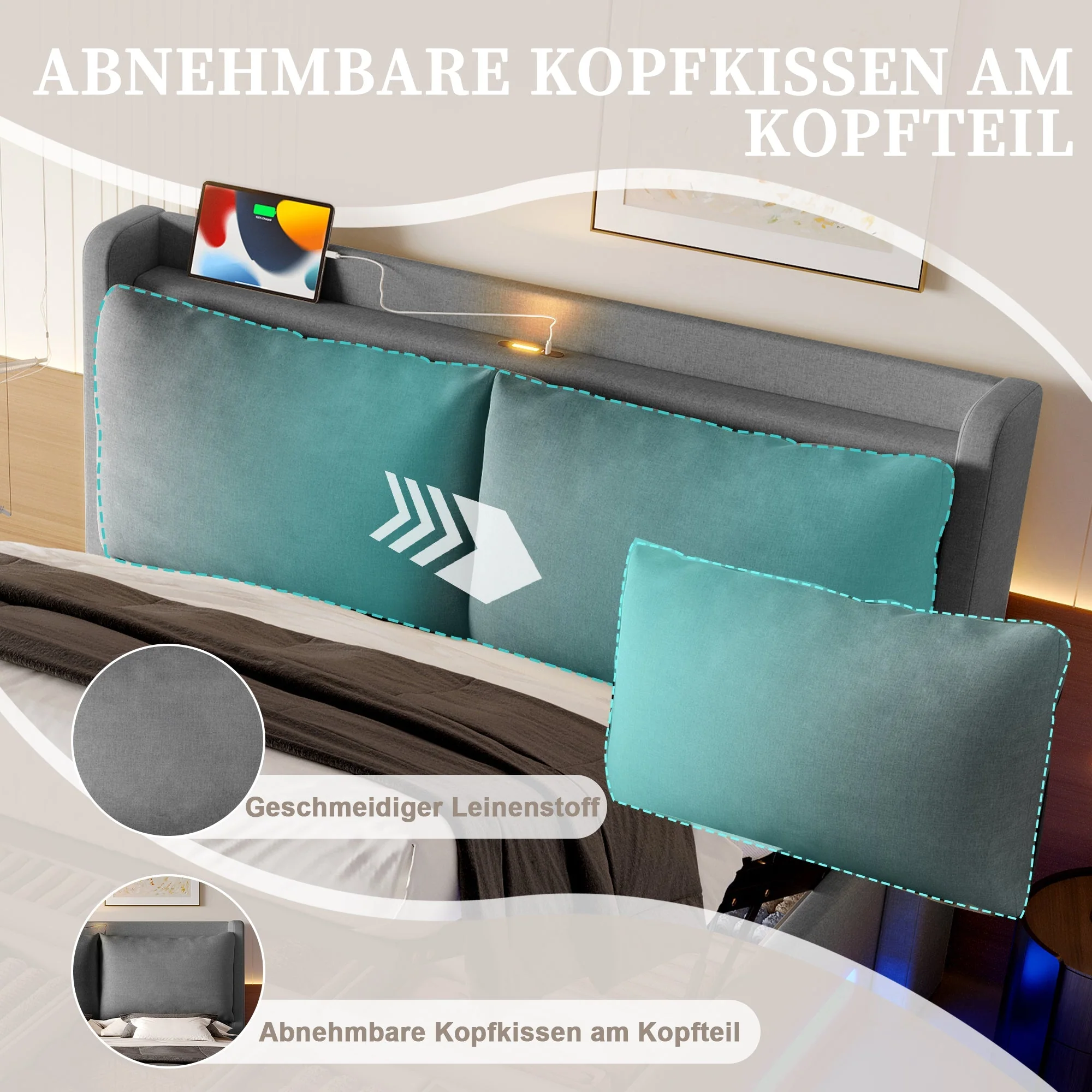 Upholstered Bed 140x190cm Storage LED USB-C Stylish Headboard - Modern - Image 10