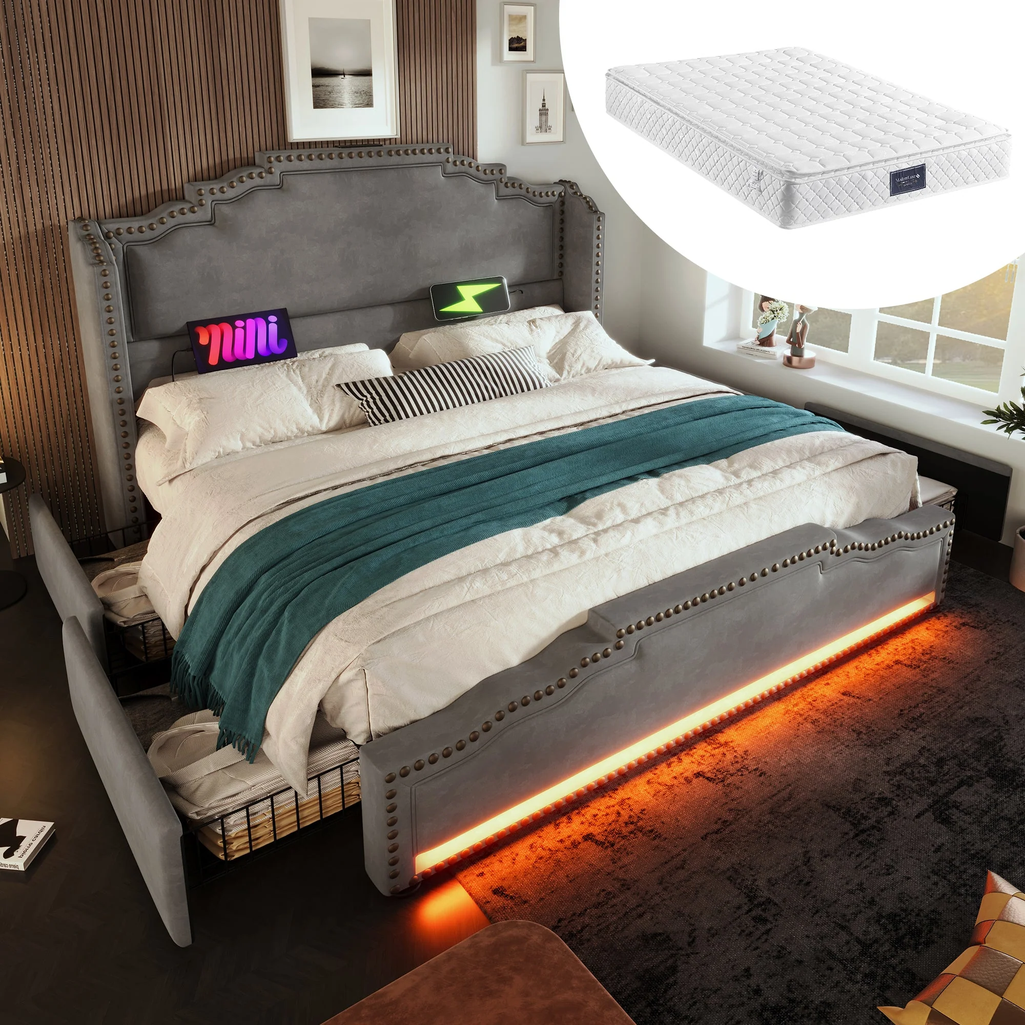 Upholstered Bed 140x200, 4 Drawers, LED, USB-C, Storage, Velvet Grey
