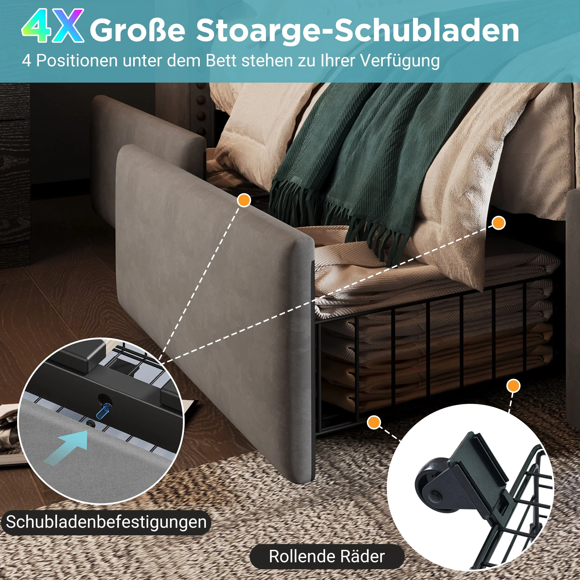 Upholstered Bed 140x200, 4 Drawers, LED, USB-C, Storage, Velvet Grey - Image 6