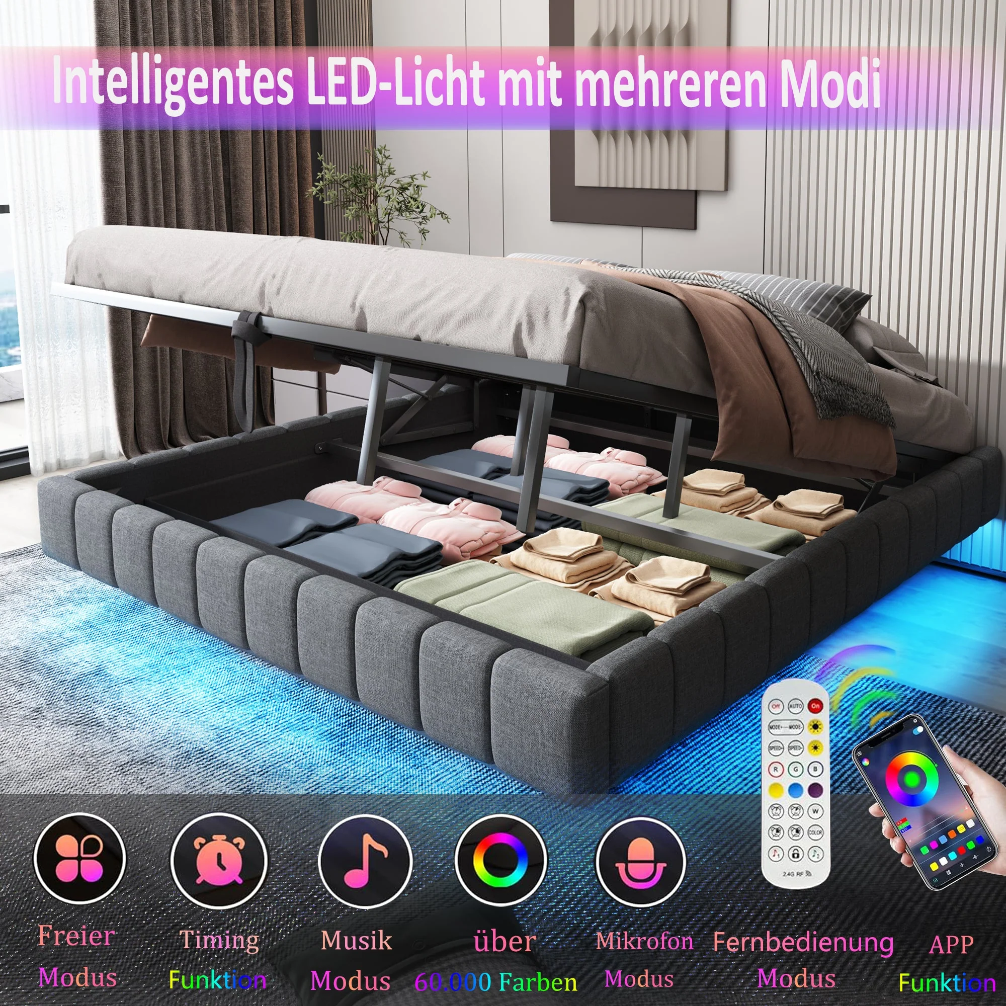 Upholstered Bed, 140x200 cm Hydraulic Floating with Storage & LED Light, Linen Grey - Image 5