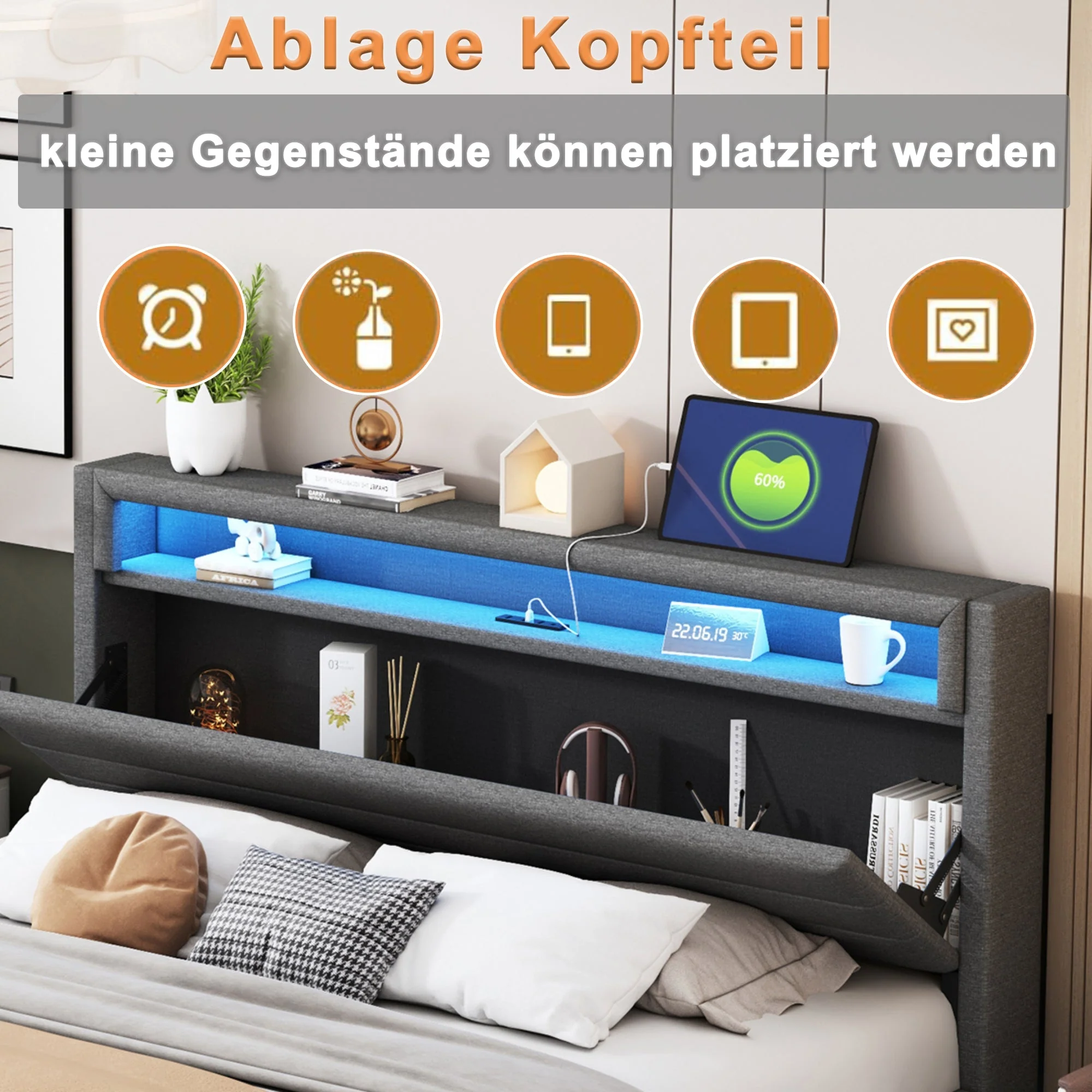 Upholstered Bed 140x200 cm, Hydraulic Floating with Storage, USB & LED, Reversible Headboard, Linen Grey - Image 5