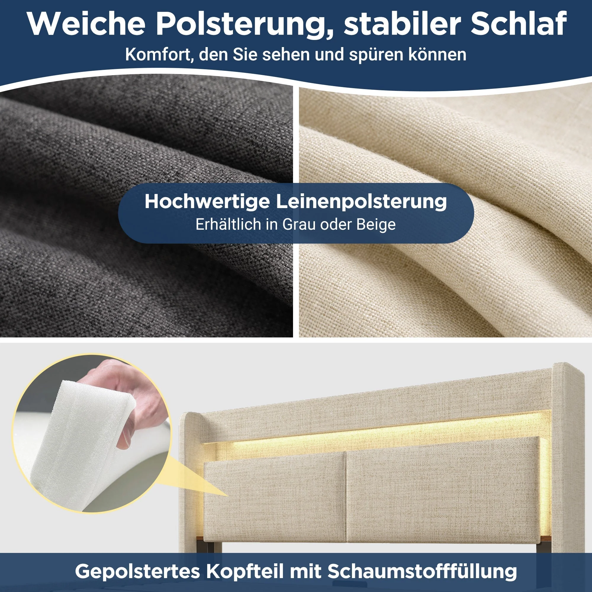 Upholstered Bed 140x200 cm Hydraulic Storage Headboard LED USB/USB-C - Beige Linen - Image 3