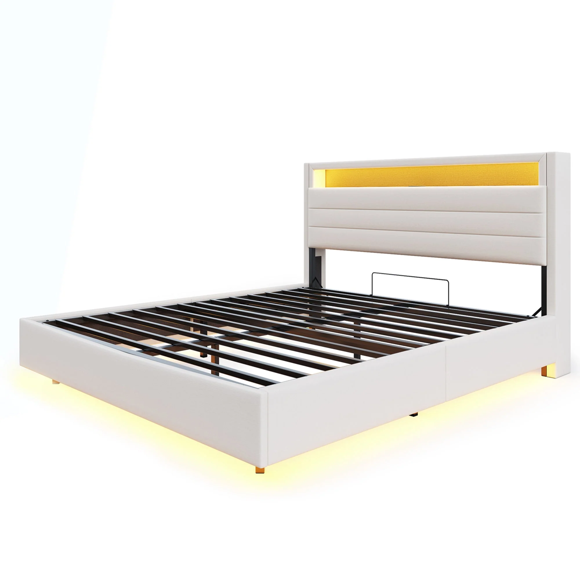 Upholstered Bed 140x200 cm with Hydraulic Storage, USB & LED Light, Reversible Headboard, Linen Beige - Image 10