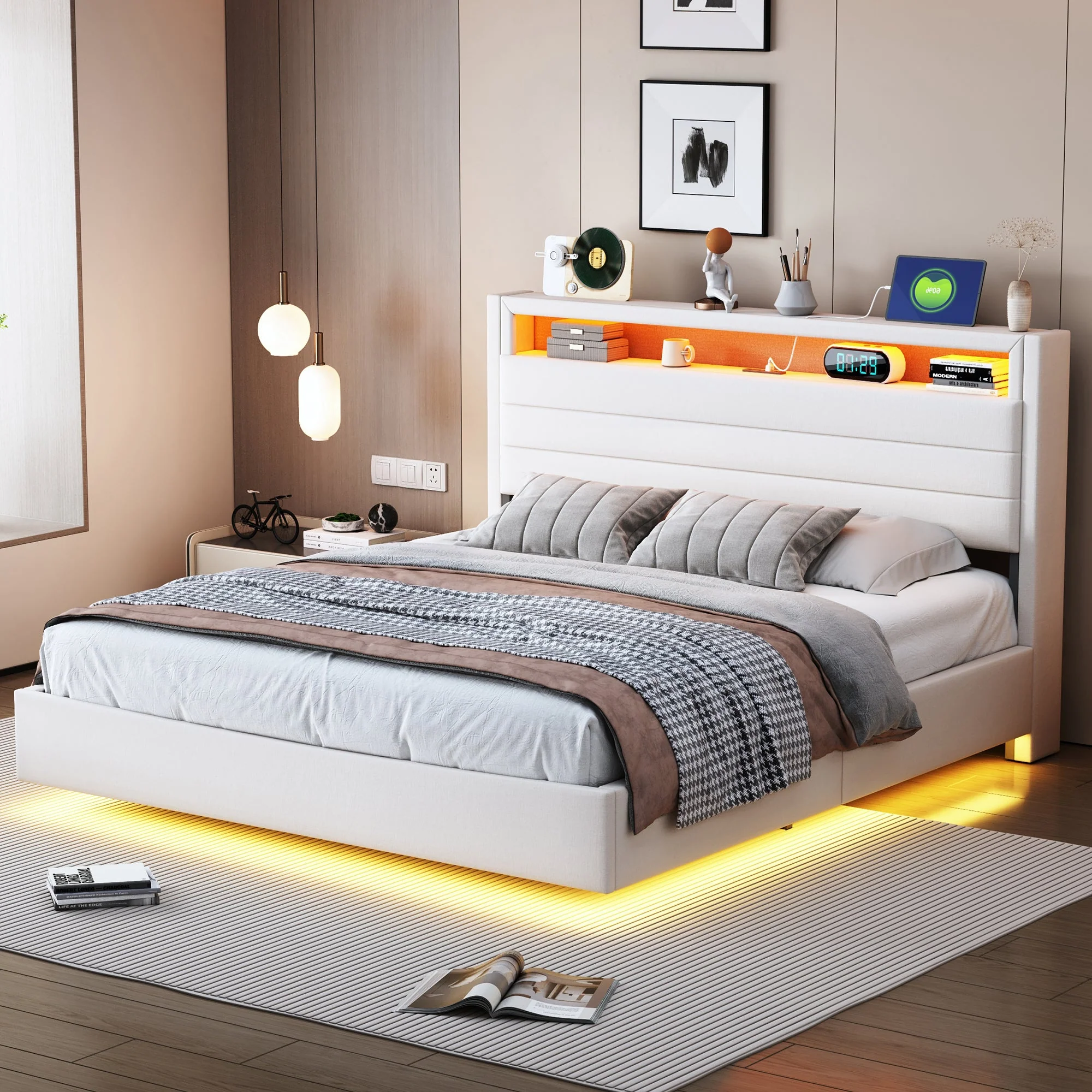 Upholstered Bed 140x200 cm with Hydraulic Storage, USB & LED Light, Reversible Headboard, Linen Beige - Image 2