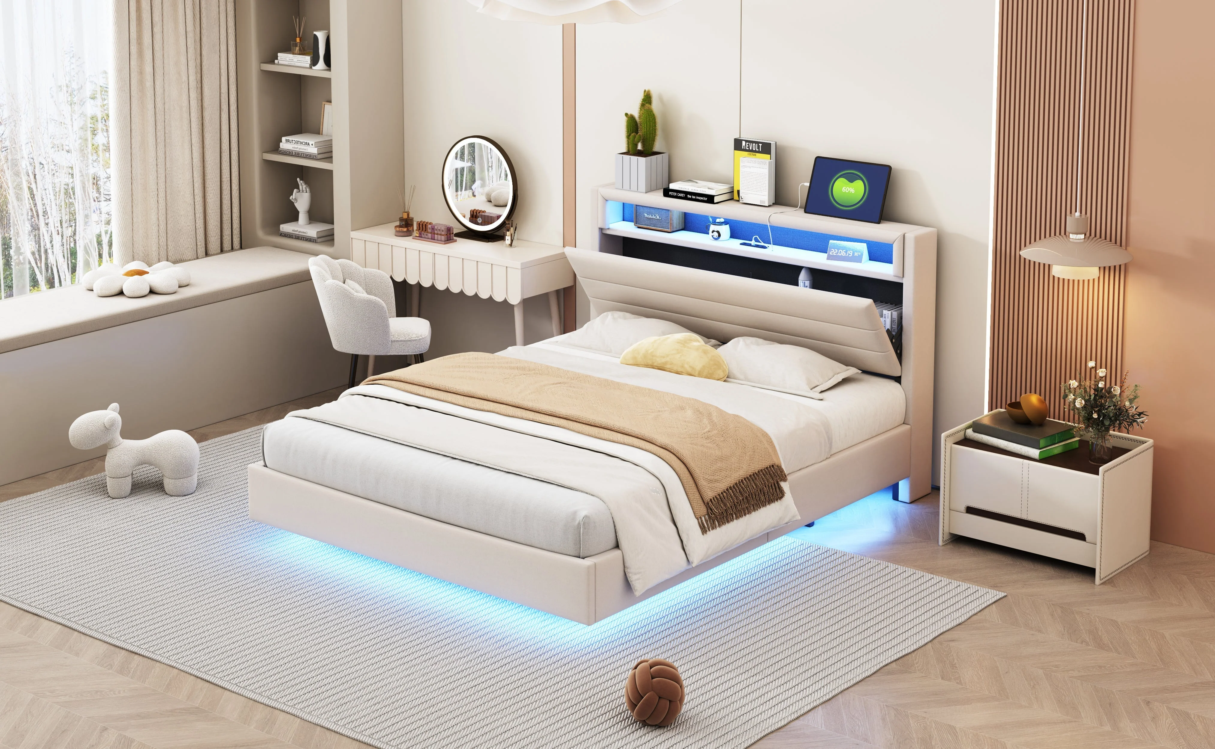 Upholstered Bed 140x200 cm with USB & LED Light, Reversible Headboard, Linen Fabric Beige - Image 7